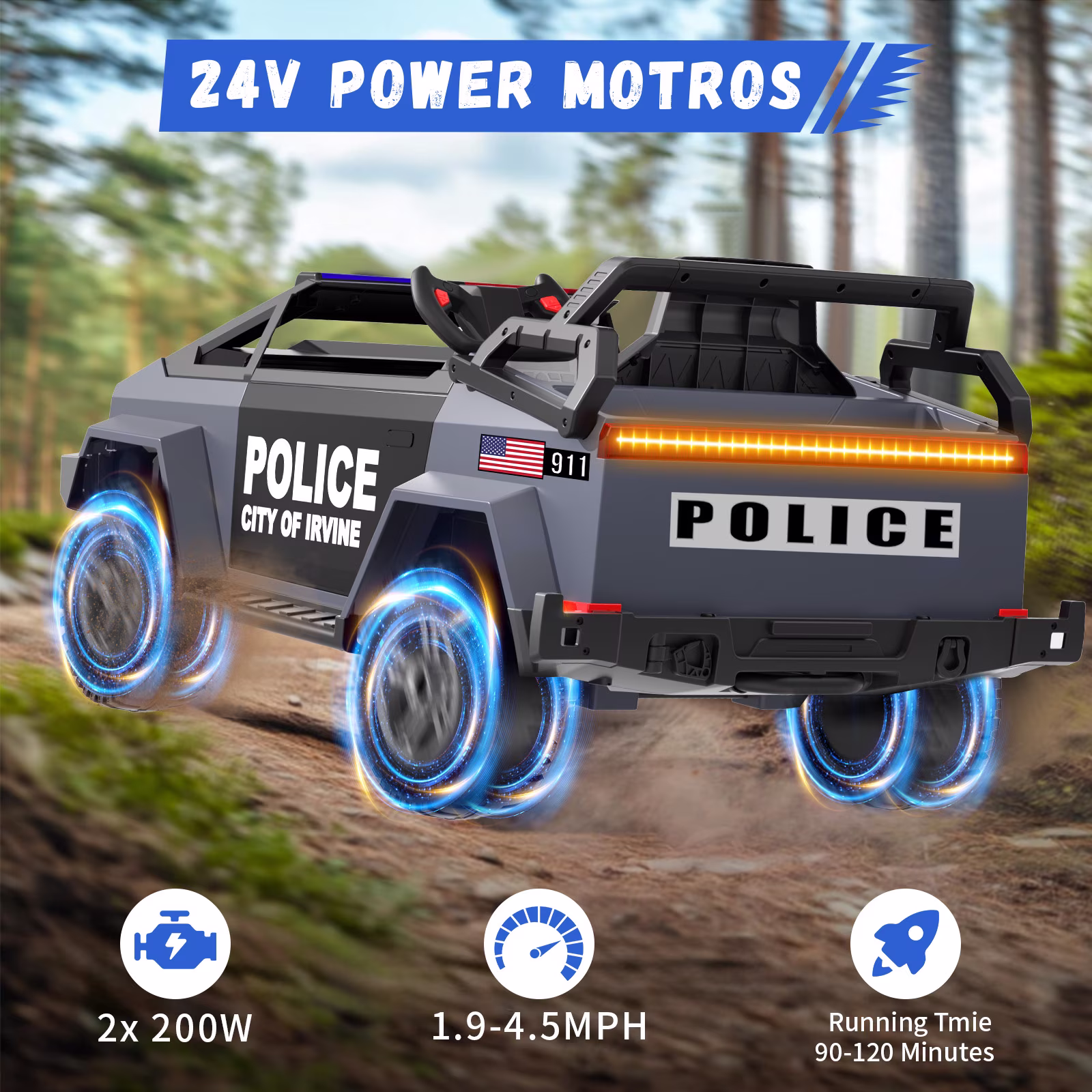 QUIKRA Electric Police Car for Kids, 24V Powered Ride on Toys with Remote Control, Alarm Light, Bluetooth Music, Storage Trunk,Gray - Image 5