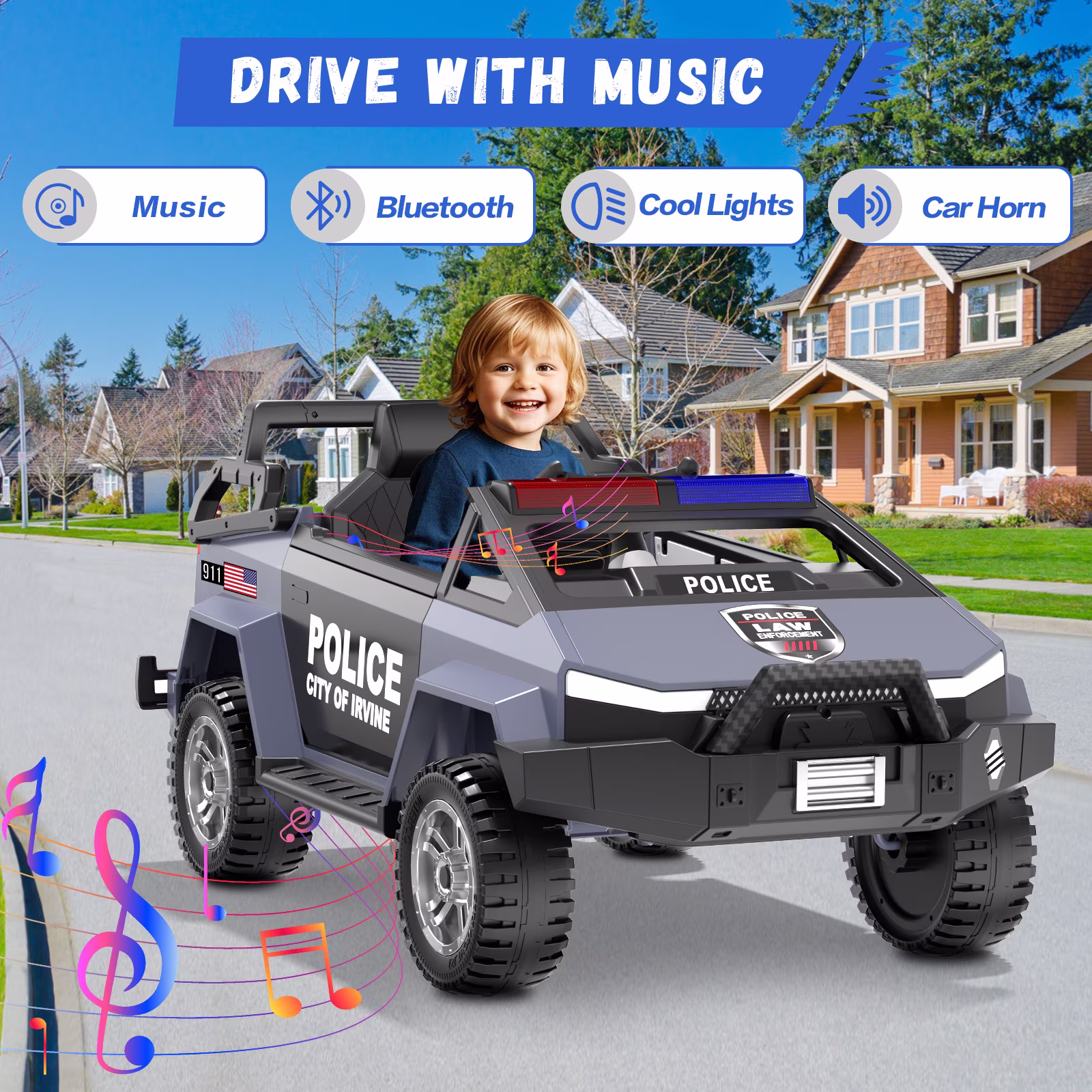 QUIKRA Electric Police Car for Kids, 24V Powered Ride on Toys with Remote Control, Alarm Light, Bluetooth Music, Storage Trunk,Gray - Image 2