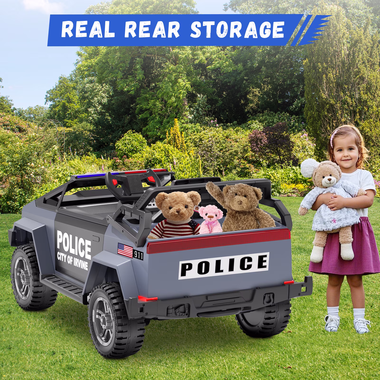 QUIKRA Electric Police Car for Kids, 24V Powered Ride on Toys with Remote Control, Alarm Light, Bluetooth Music, Storage Trunk,Gray - Image 4