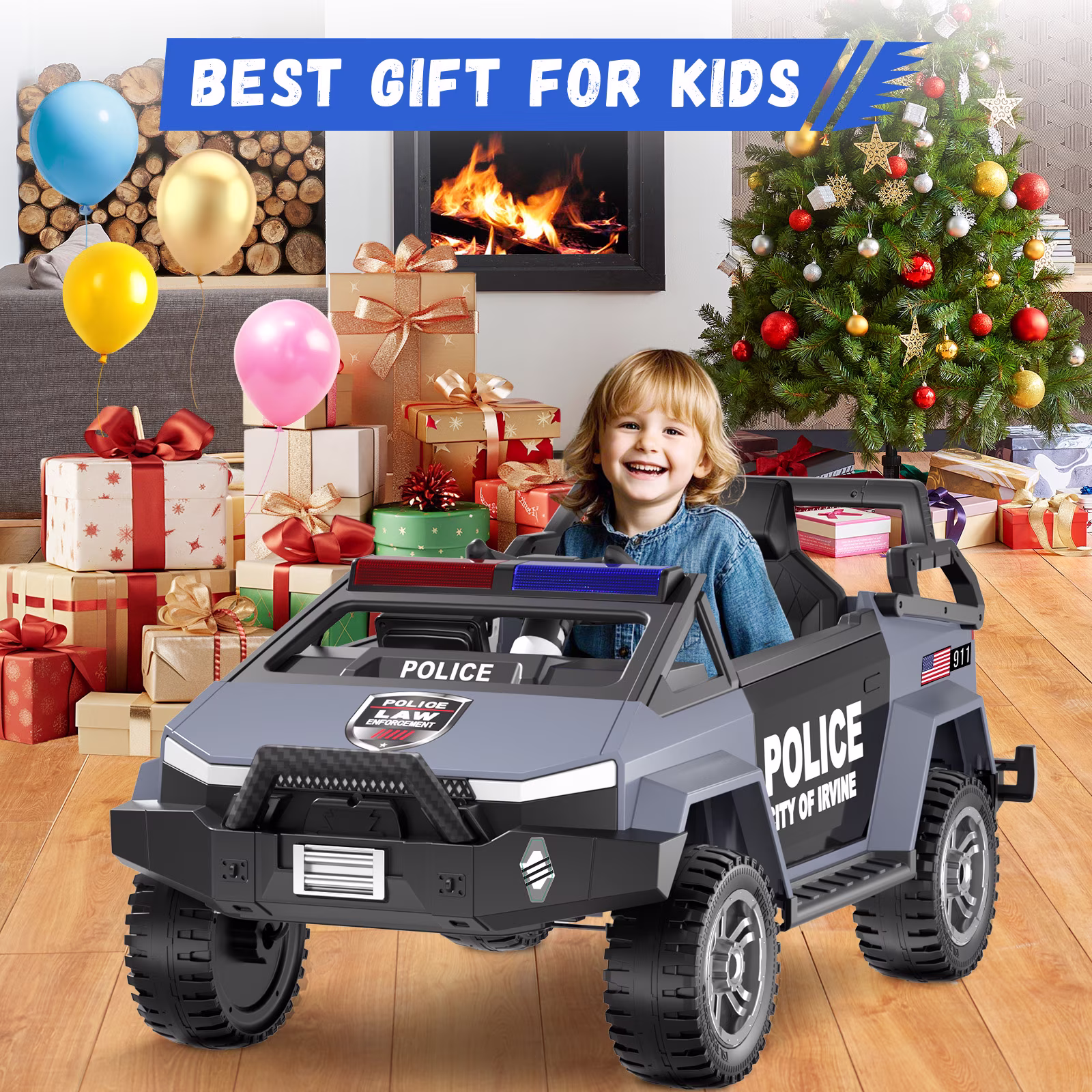 QUIKRA Electric Police Car for Kids, 24V Powered Ride on Toys with Remote Control, Alarm Light, Bluetooth Music, Storage Trunk,Gray - Image 3