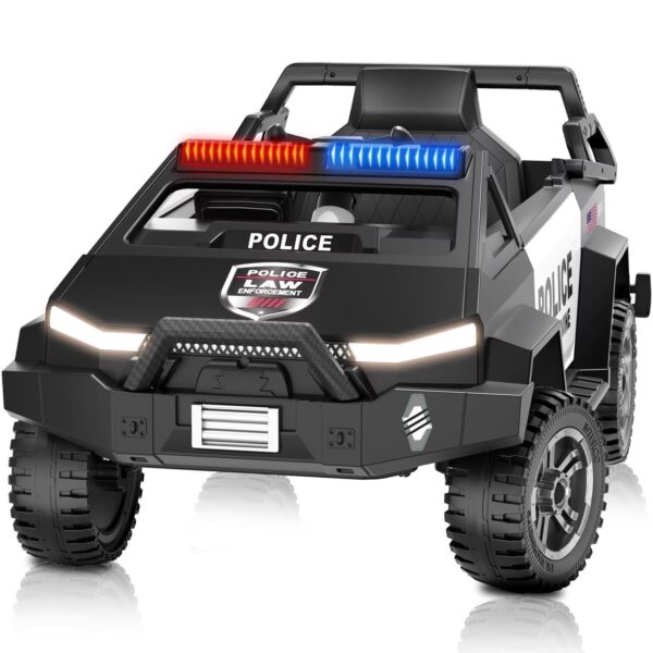 QUIKRA Electric Police Car for Kids, 24V Powered Ride on Toys with Remote Control, Alarm Light, Bluetooth Music, Storage Trunk,Gray