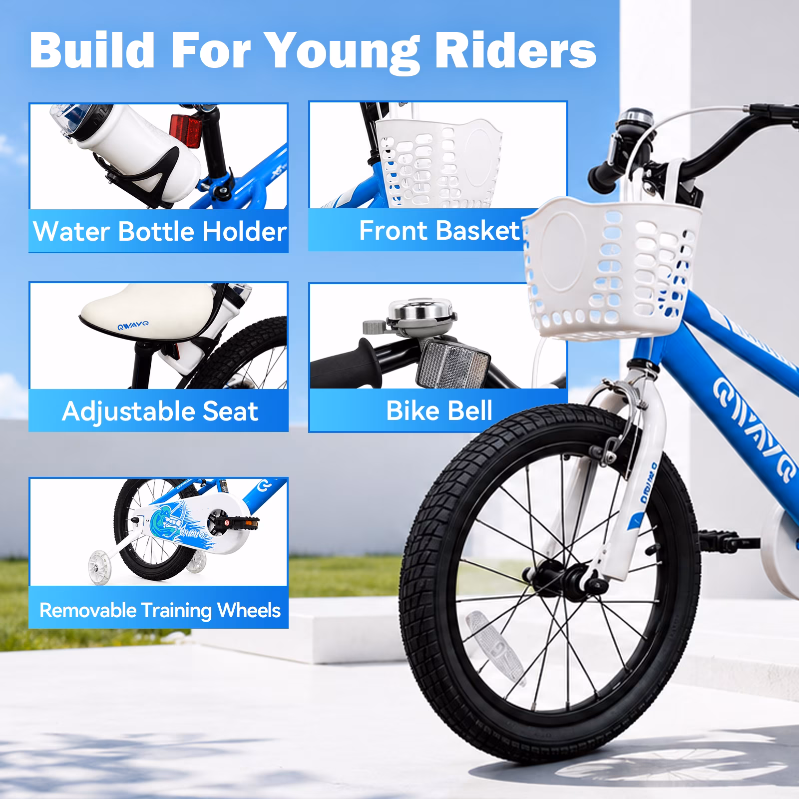 QWAYQ Kids Bike, 16" Bicycle With Training Wheel, Basket and Water Bottle Holder for Boys and Girls Aged 4-7, Blue - Image 5