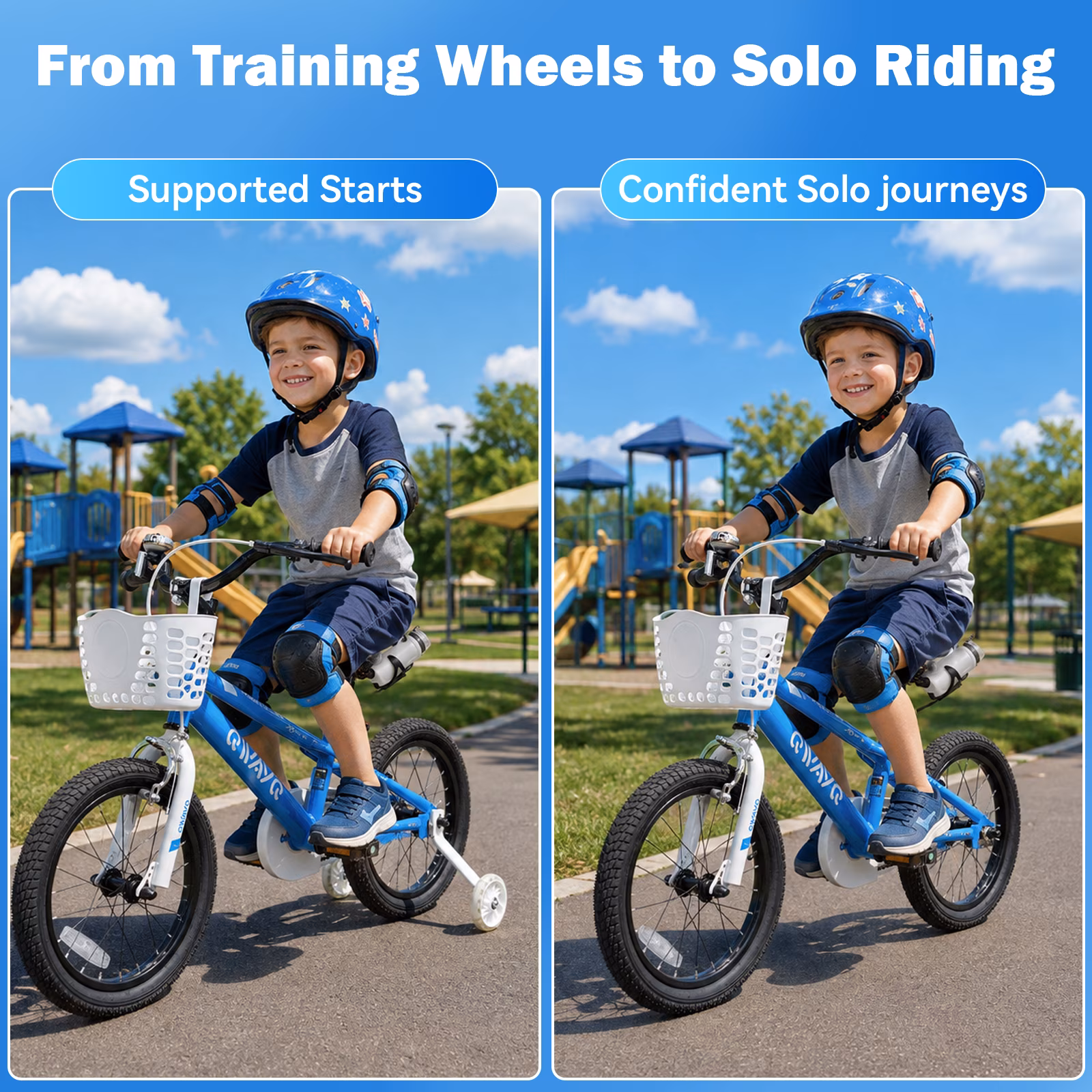 QWAYQ Kids Bike, 16" Bicycle With Training Wheel, Basket and Water Bottle Holder for Boys and Girls Aged 4-7, Blue - Image 2