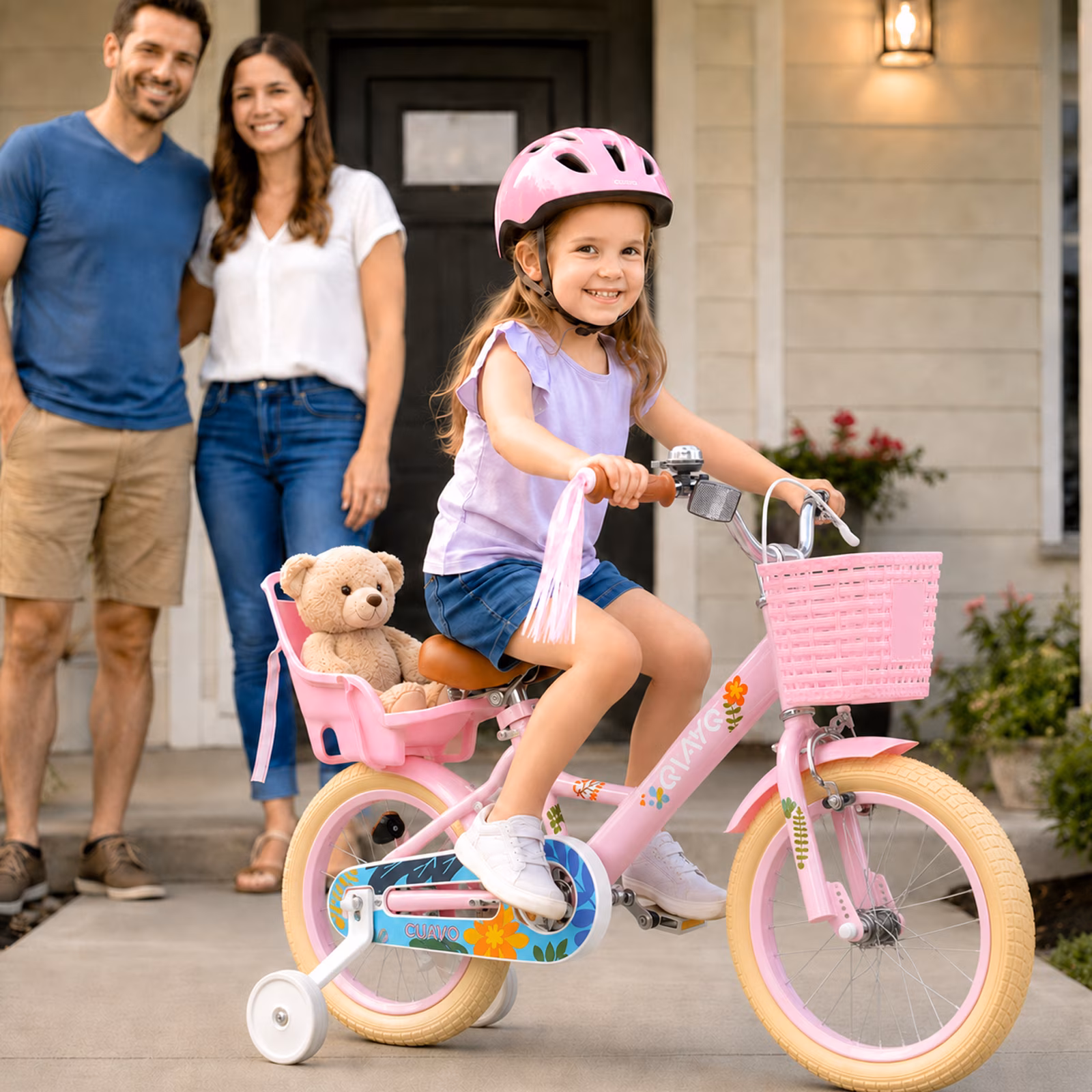 QWAYQ Kids Bike for 3-5 Years Old, 14" Children Bicycle with Training Wheels, Doll Seat and Basket, Girl's Bikes with Handbrake, Pink - Image 4