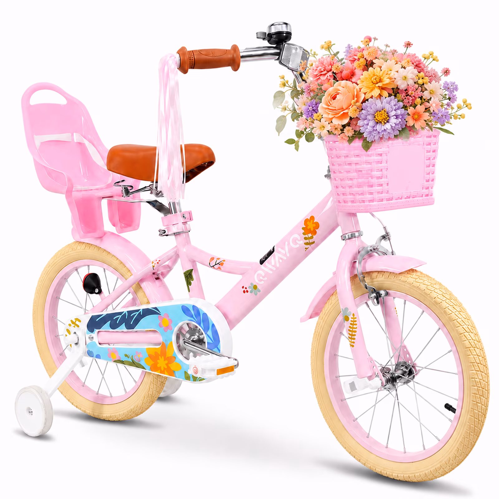 QWAYQ Kids Bike for 3-5 Years Old, 14" Children Bicycle with Training Wheels, Doll Seat and Basket, Girl's Bikes with Handbrake, Pink