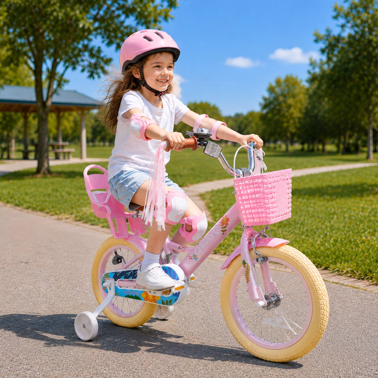 QWAYQ Kids Bike for 3-5 Years Old, 14" Children Bicycle with Training Wheels, Doll Seat and Basket, Girl's Bikes with Handbrake, Pink - Image 2