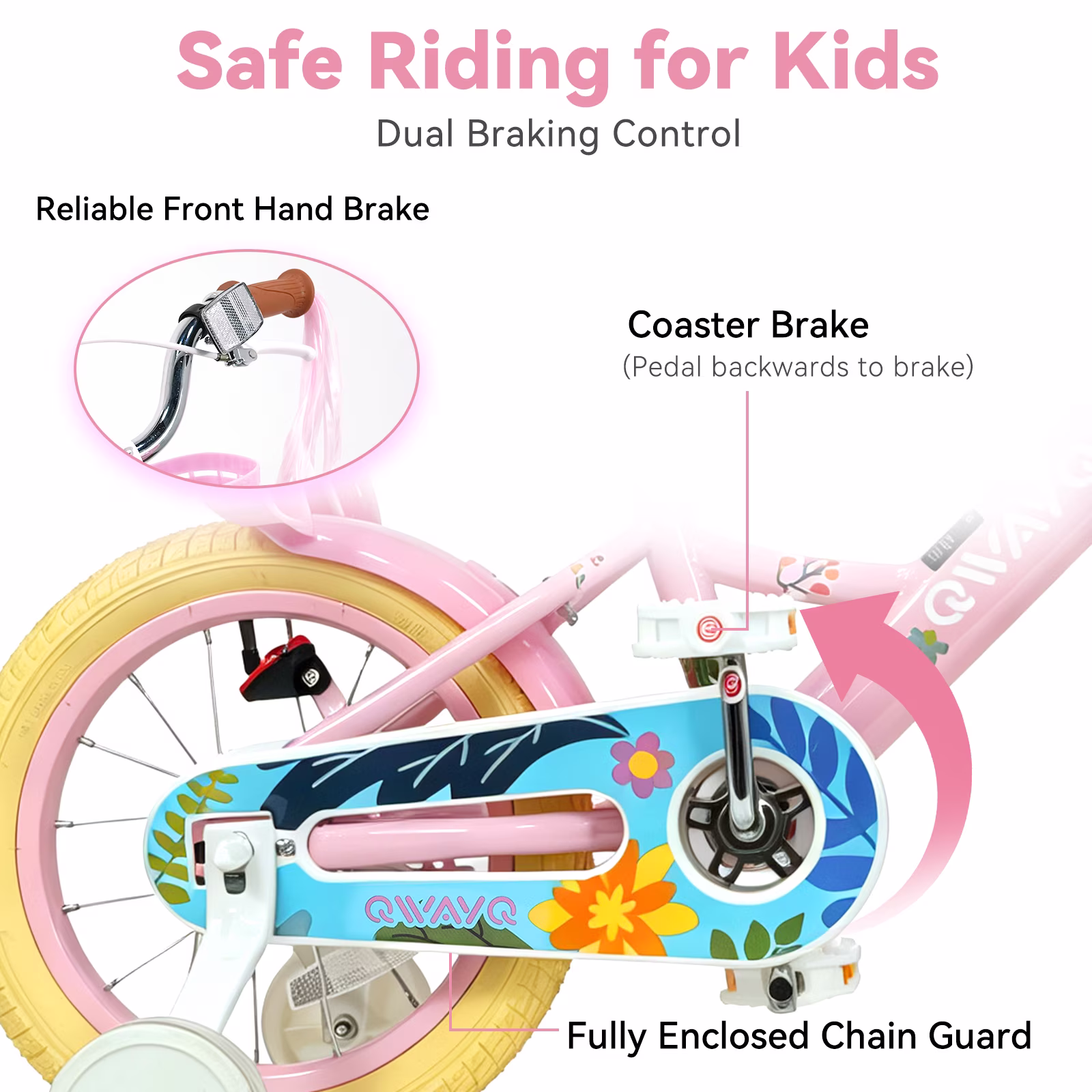 QWAYQ Kids Bike for 3-5 Years Old, 14" Children Bicycle with Training Wheels, Doll Seat and Basket, Girl's Bikes with Handbrake, Pink - Image 5