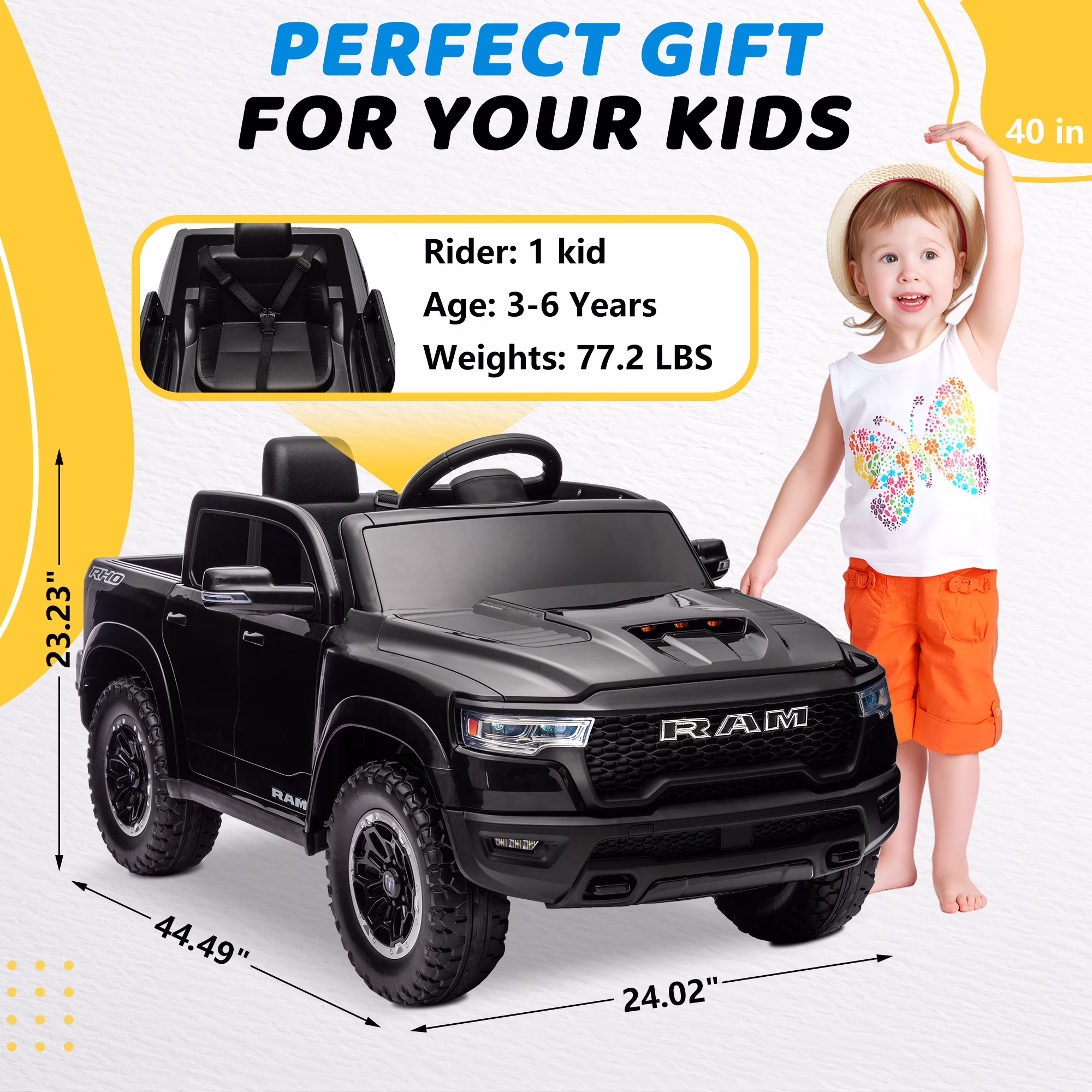 RAM 1500 Ride On Car for Kids, 12V Powered Ride On Truck w/ Remote Control, 4 Wheel Suspension, Bluetooth, Lights, Electric Cars for 3-6 Yrs - Image 4