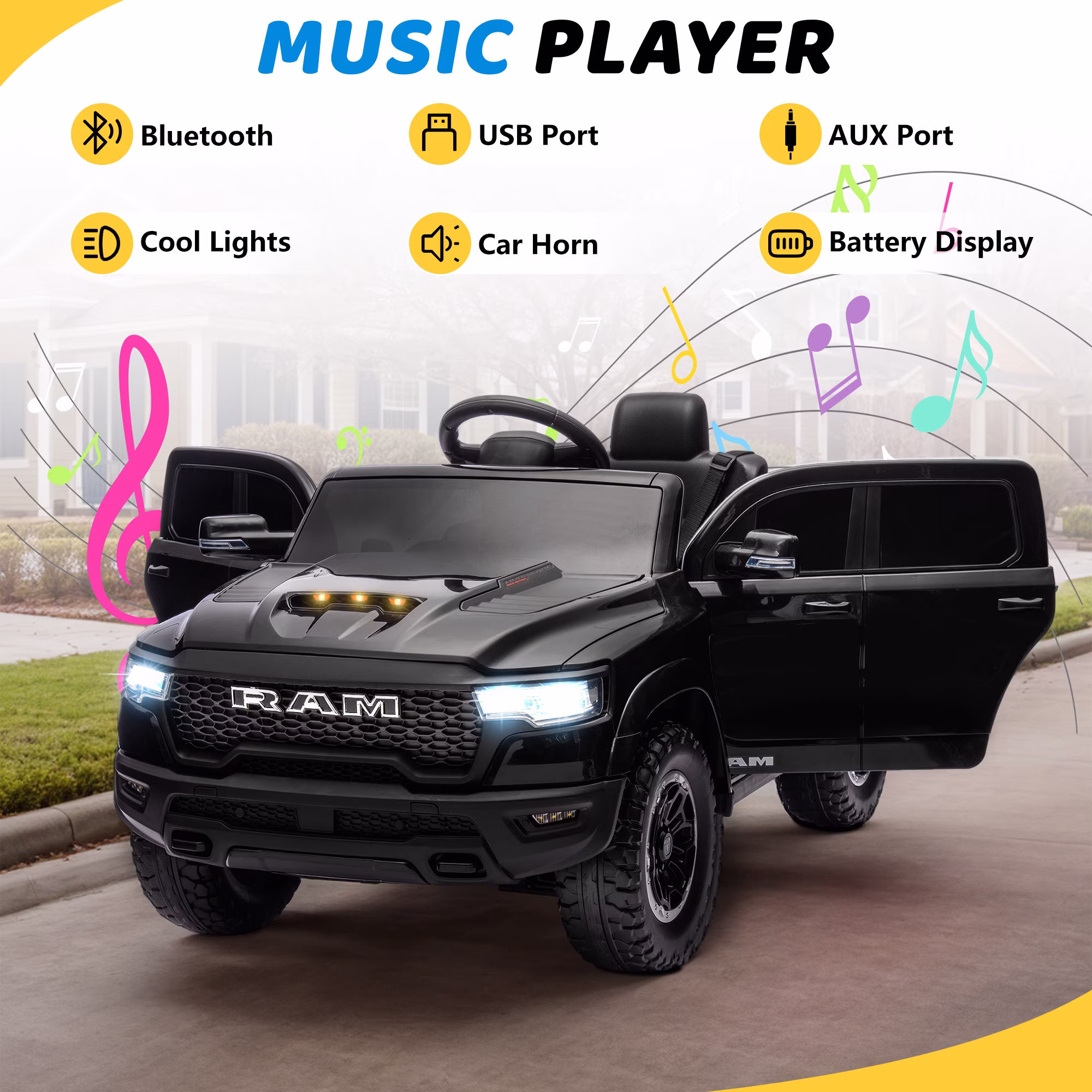 RAM 1500 Ride On Car for Kids, 12V Powered Ride On Truck w/ Remote Control, 4 Wheel Suspension, Bluetooth, Lights, Electric Cars for 3-6 Yrs - Image 3
