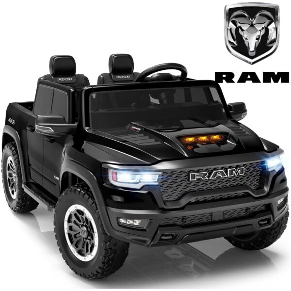 RAM 24V Ride On Cars for Kids, RAM 1500 RHO 2 Seat Battery Powered Ride On Toys with Remote Control, 4 Wheels Suspension Trunk, LED Light, MP3 Player, Electric Car for Kids Boy Girl Gift