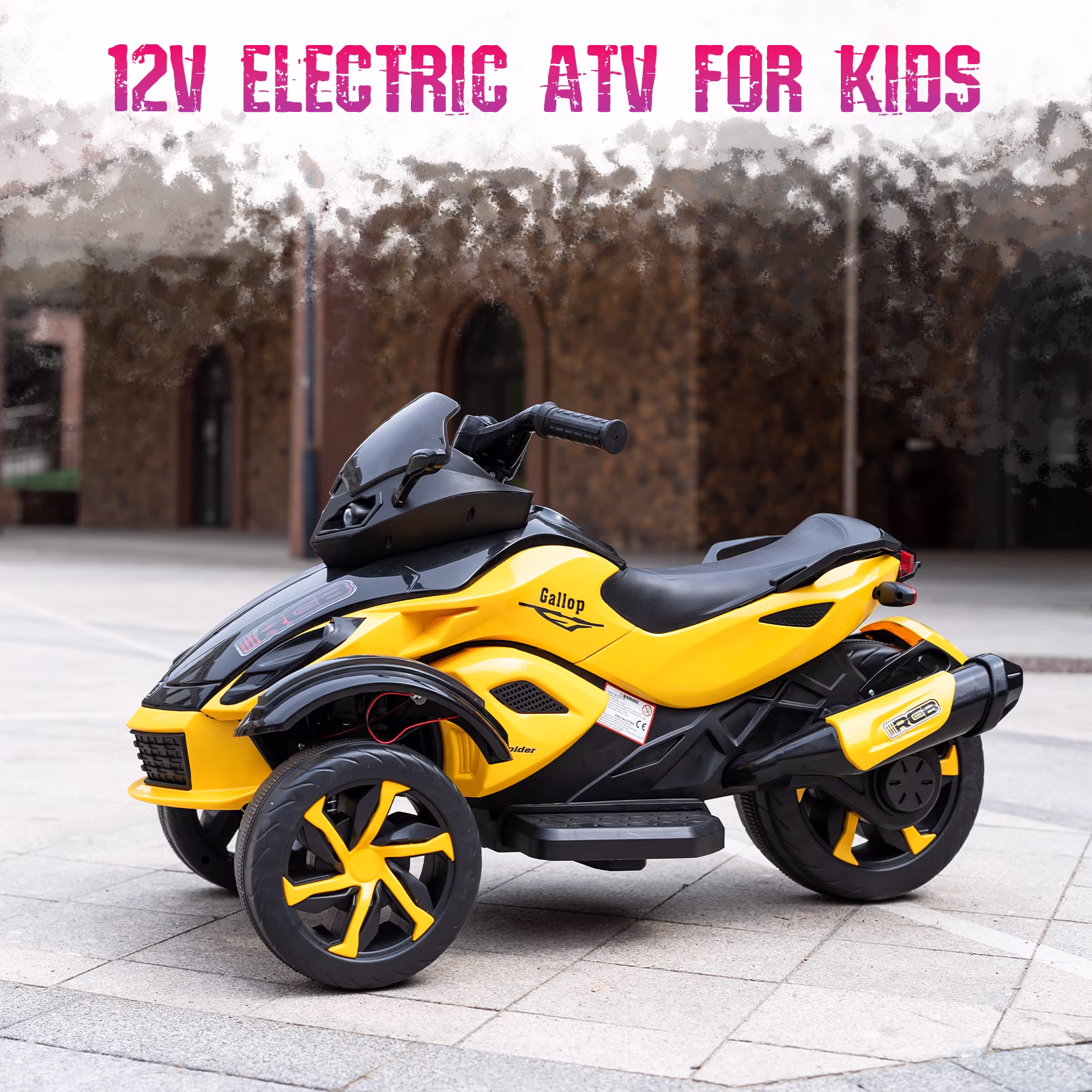 RCB 12V Kids Ride on ATV w/ One-Touch Start, 3-Wheel Stability, LED Lights, Built-in Music Player - Yellow - Image 3