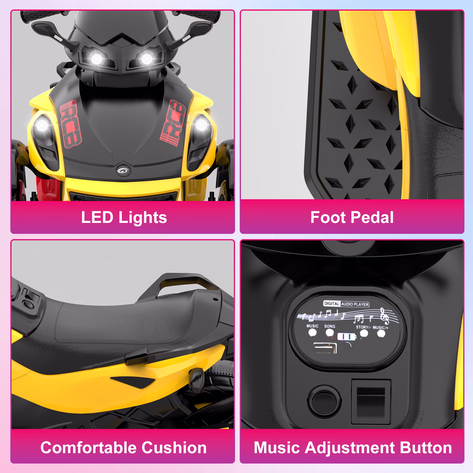 RCB 12V Kids Ride on ATV w/ One-Touch Start, 3-Wheel Stability, LED Lights, Built-in Music Player - Yellow - Image 2