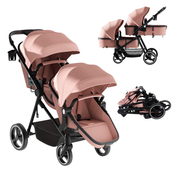 Reasea Foldable Double Stroller, Convertible Twin Stroller with Cup Holder, Double Infant Stroller for Newborn and Toddler, Pink