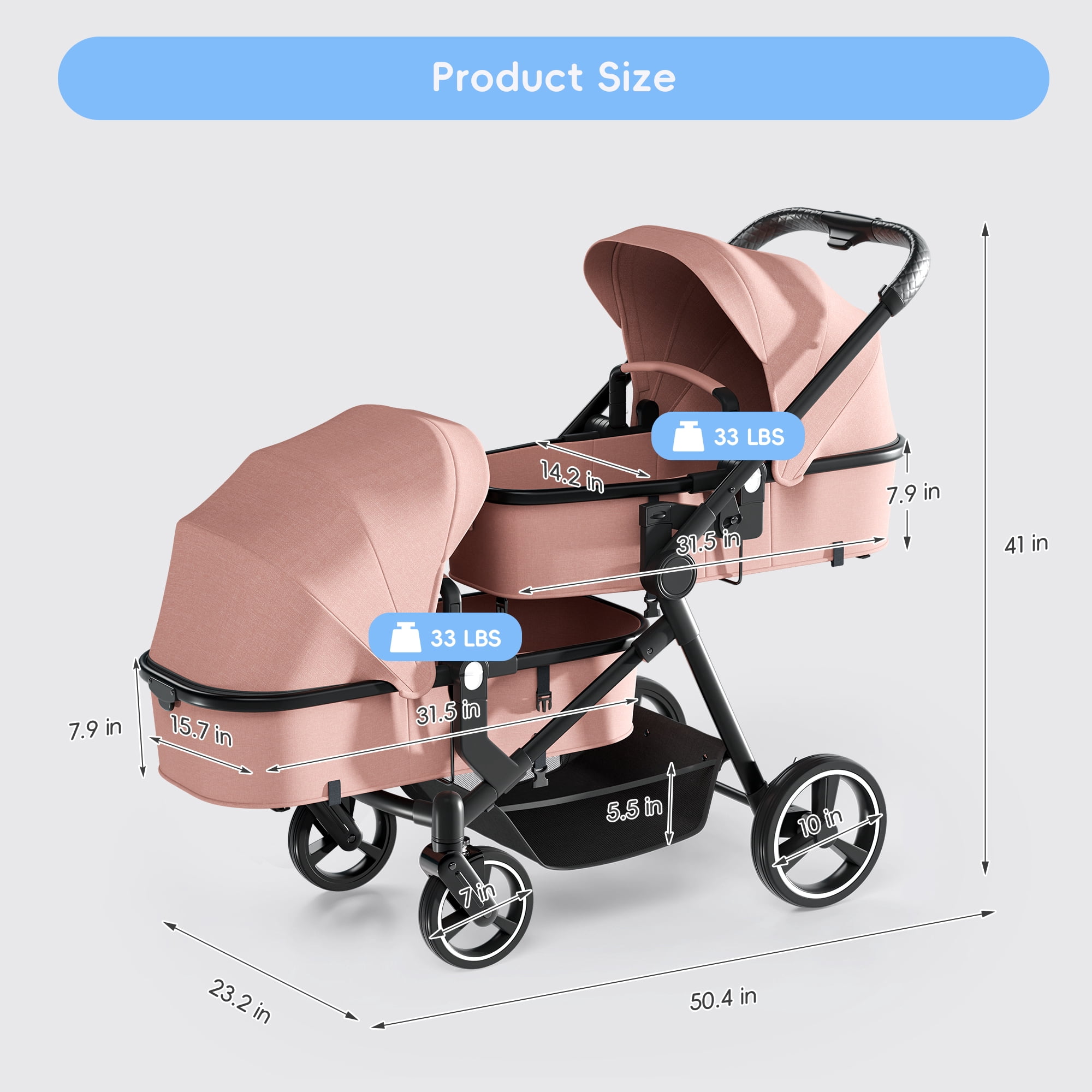 Reasea Foldable Double Stroller, Convertible Twin Stroller with Cup Holder, Double Infant Stroller for Newborn and Toddler, Pink - Image 2