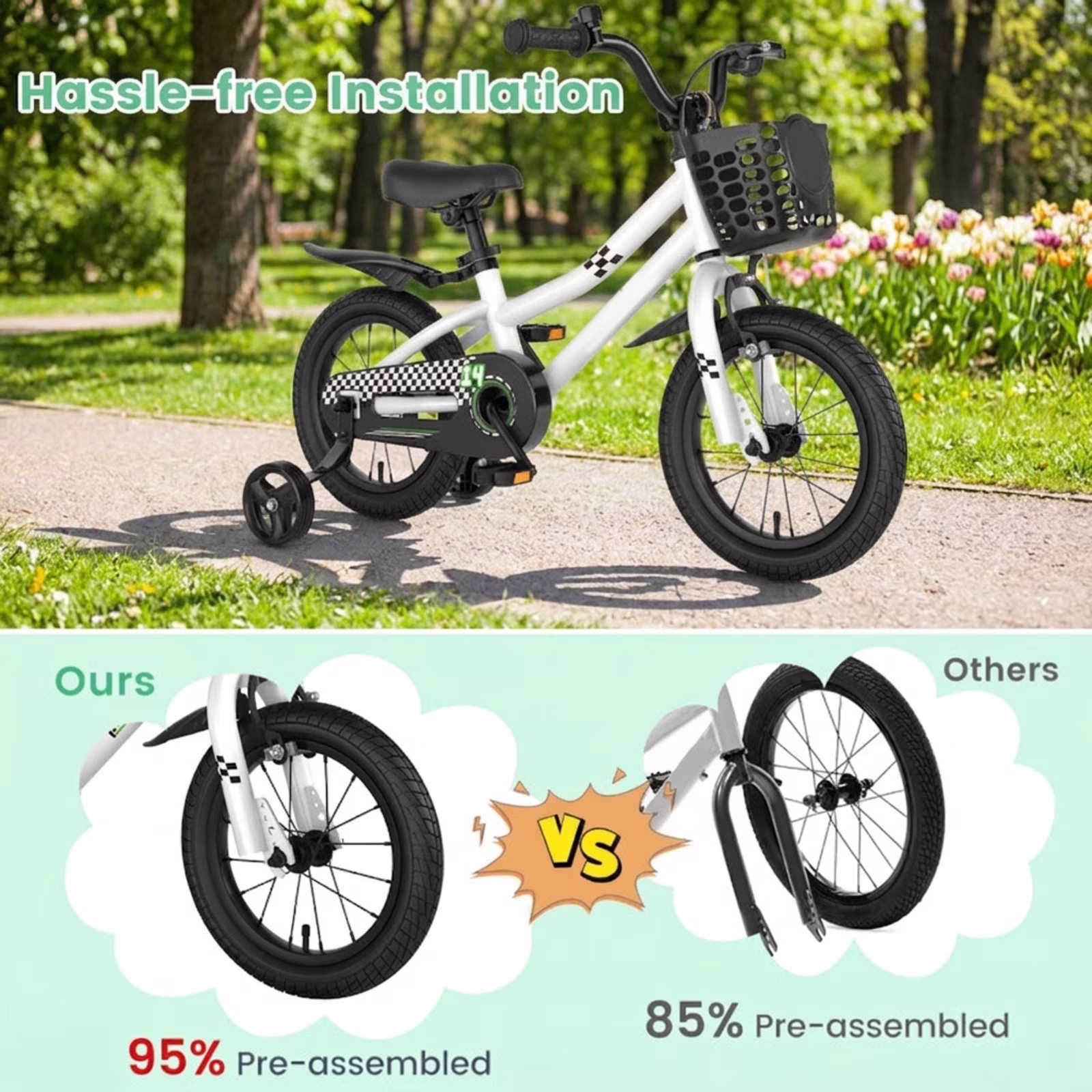 Redsmile 14 Inch Kids Bike for 3-5 Years Old, Kids Bike with Training Wheels & Basket, Toddler Bicycle with Hand Brake & Coaster Brake, Adjustable Seat for Boys Girls, Black & White - Image 5