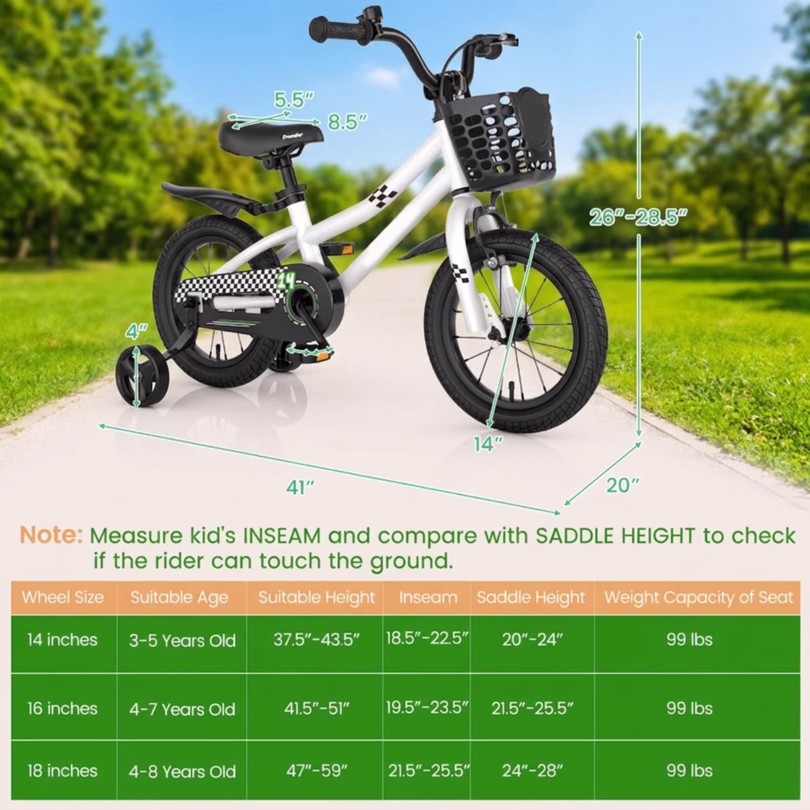 Redsmile 14 Inch Kids Bike for 3-5 Years Old, Kids Bike with Training Wheels & Basket, Toddler Bicycle with Hand Brake & Coaster Brake, Adjustable Seat for Boys Girls, Black & White - Image 3