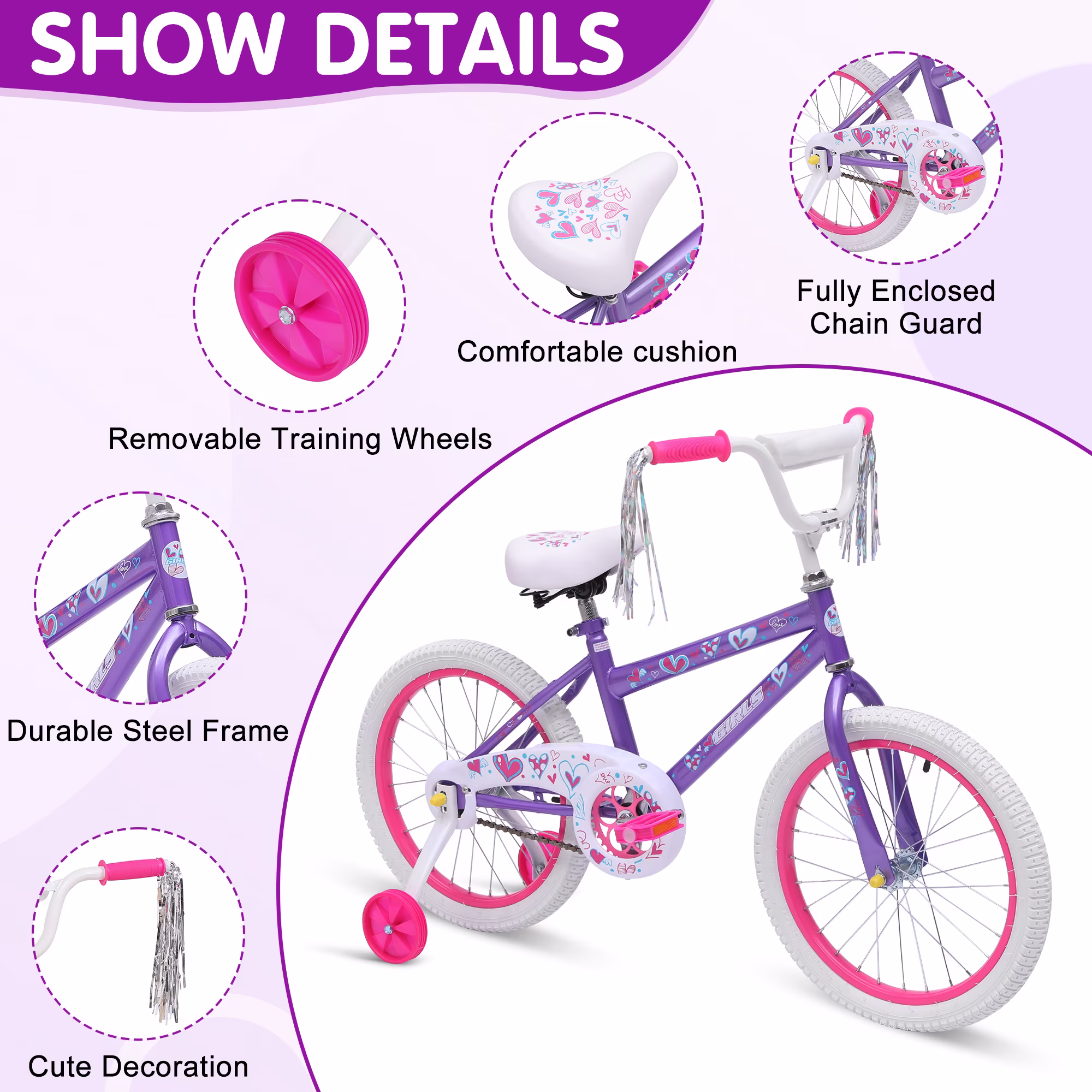 Redsmile 18 in. Kids Bike with Training Wheels, Bicycle for Girls & Boys Ages 3-8 Years, Purple - Image 2