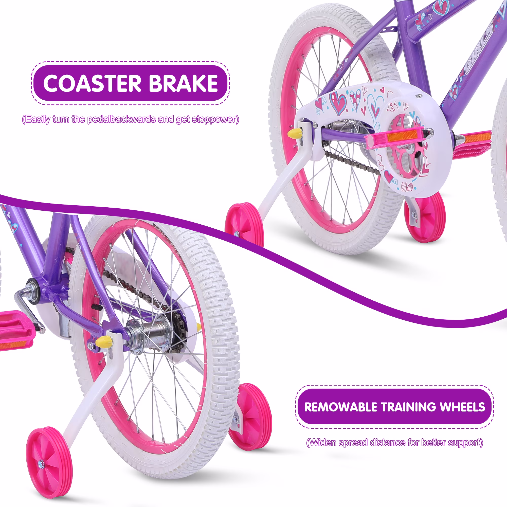 Redsmile 18 in. Kids Bike with Training Wheels, Bicycle for Girls & Boys Ages 3-8 Years, Purple - Image 3