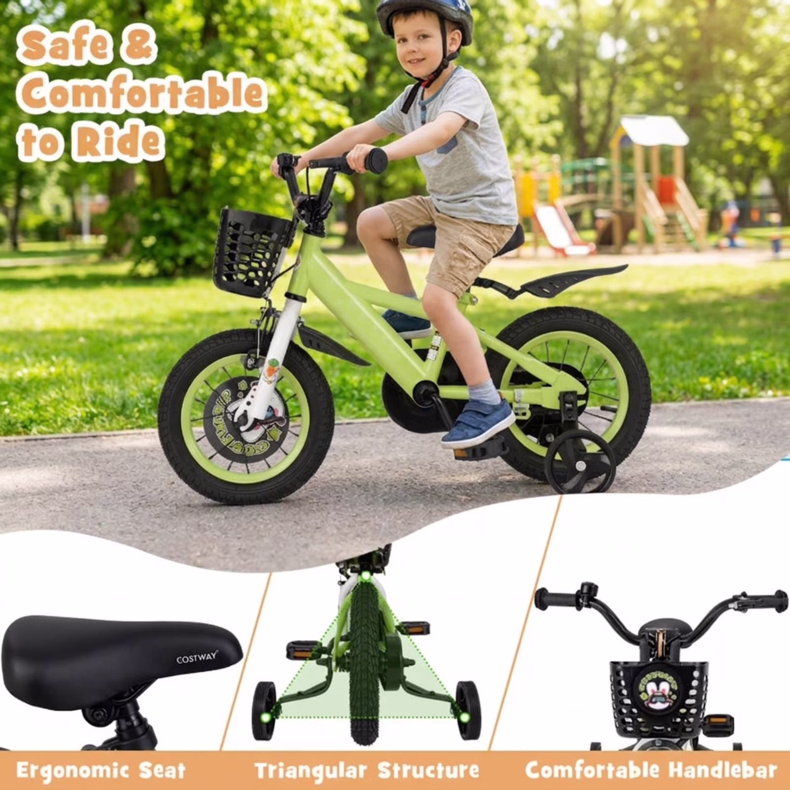 Redsmile Kids Bike 12 Inch with Detachable Training Wheels for 3-4 Years Old Boys Girls, Adjustable Kids Bicycle with Storage Basket, Handbrake and Coaster Brake, 12" Toddler Bike, Green - Image 3