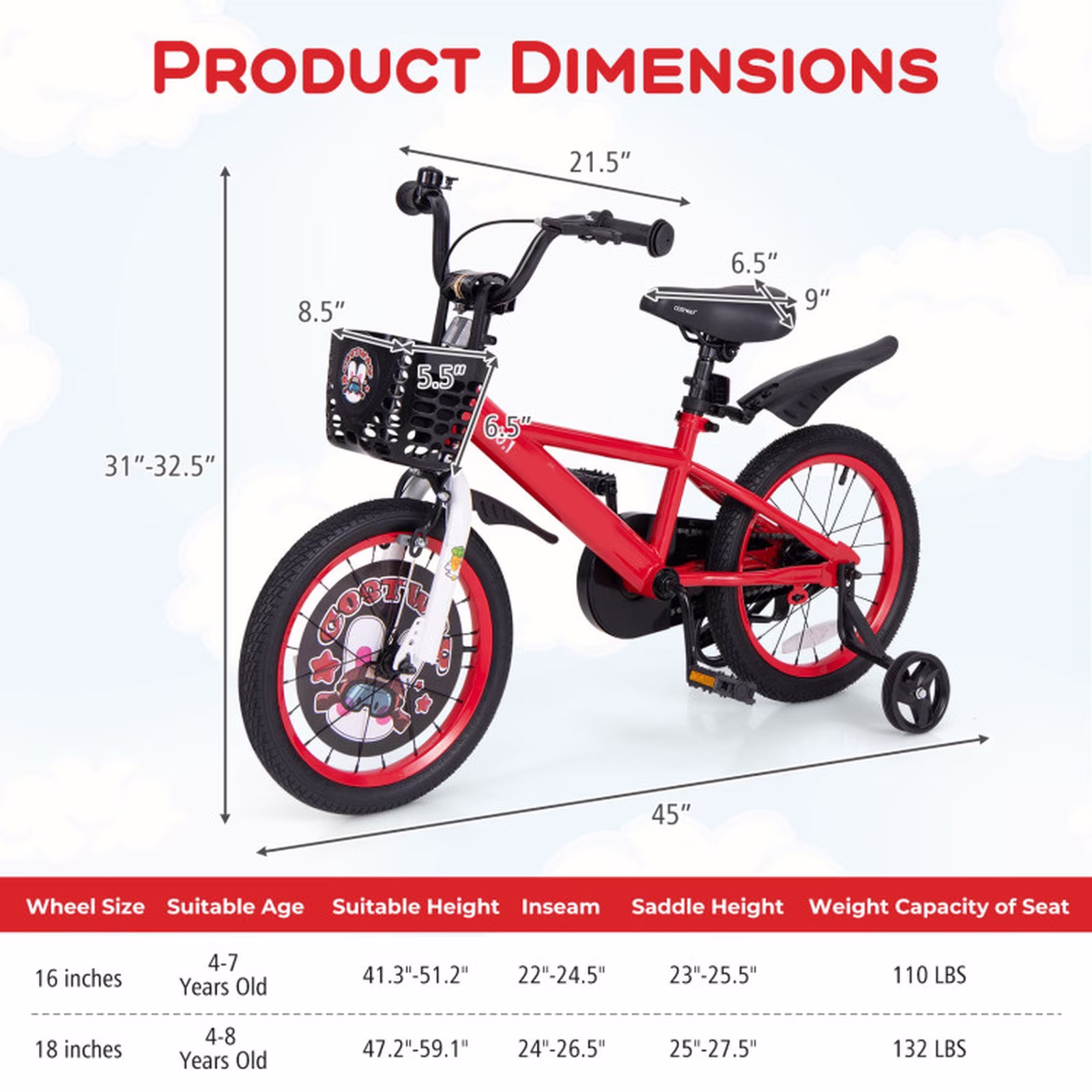 Redsmile Kids Bike 16 Inch with Training Wheels for Boys Girls Ages 4-8, Adjustable Kids Bicycle with Storage Basket, Double Handbrake and Coaster Brake, Carbon Steel Frame Youth Bike, Red - Image 2