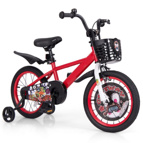 Redsmile Kids Bike 16 Inch with Training Wheels for Boys Girls Ages 4-8, Adjustable Kids Bicycle with Storage Basket, Double Handbrake and Coaster Brake, Carbon Steel Frame Youth Bike, Red