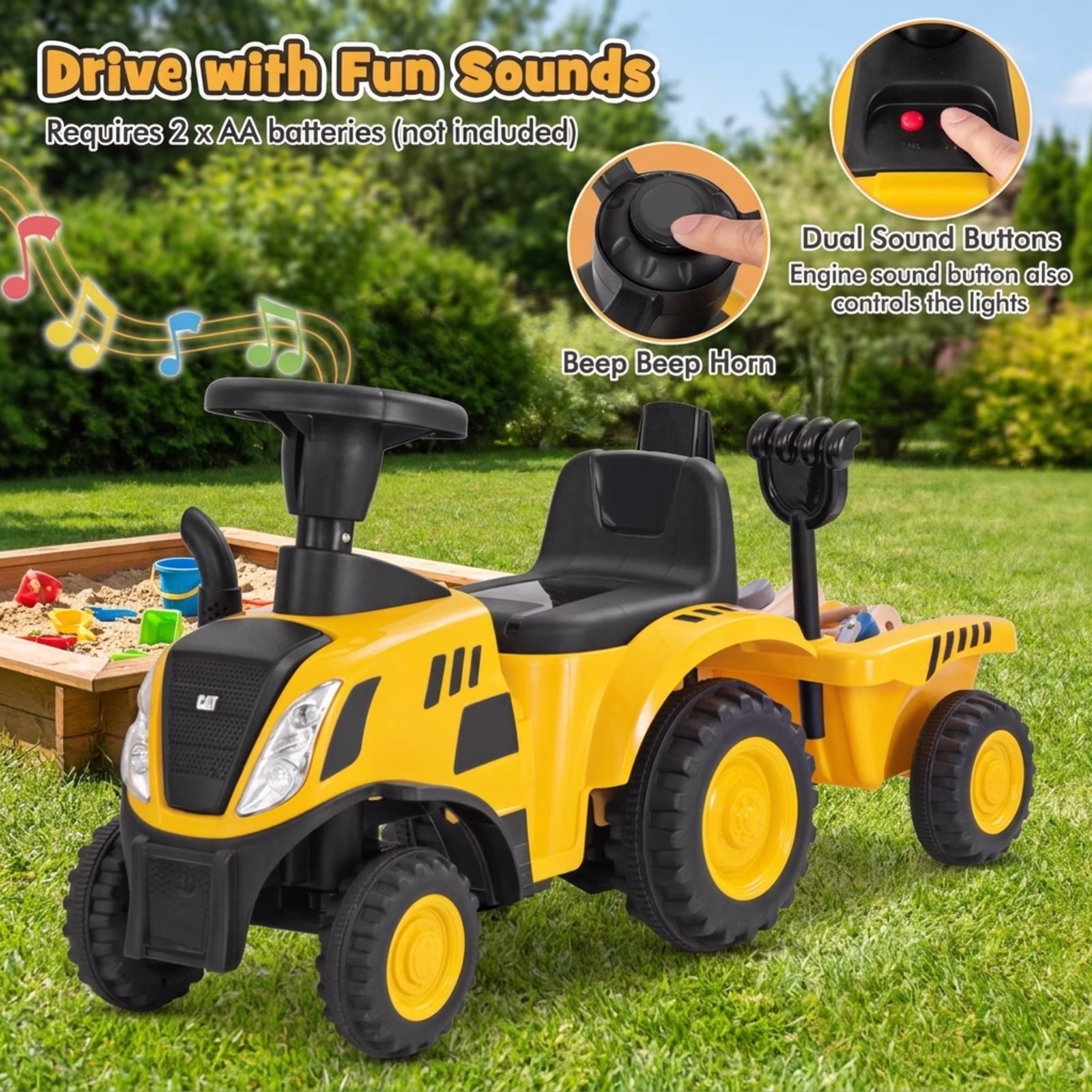 Redsmile Kids Ride On Tractor Push Foot-to-Floor Toddler Ride On Toy for Ages 1.5-3, Caterpillar-Styled with Detachable Trailer, Rake and Shovel, Holds 55 lbs, Yellow - Image 2