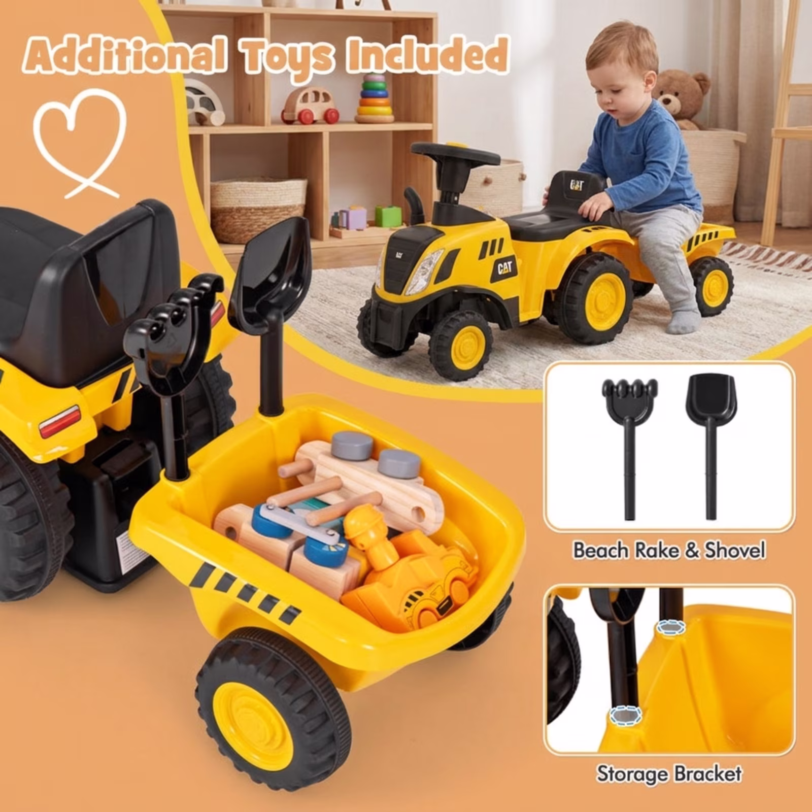 Redsmile Kids Ride On Tractor Push Foot-to-Floor Toddler Ride On Toy for Ages 1.5-3, Caterpillar-Styled with Detachable Trailer, Rake and Shovel, Holds 55 lbs, Yellow - Image 3