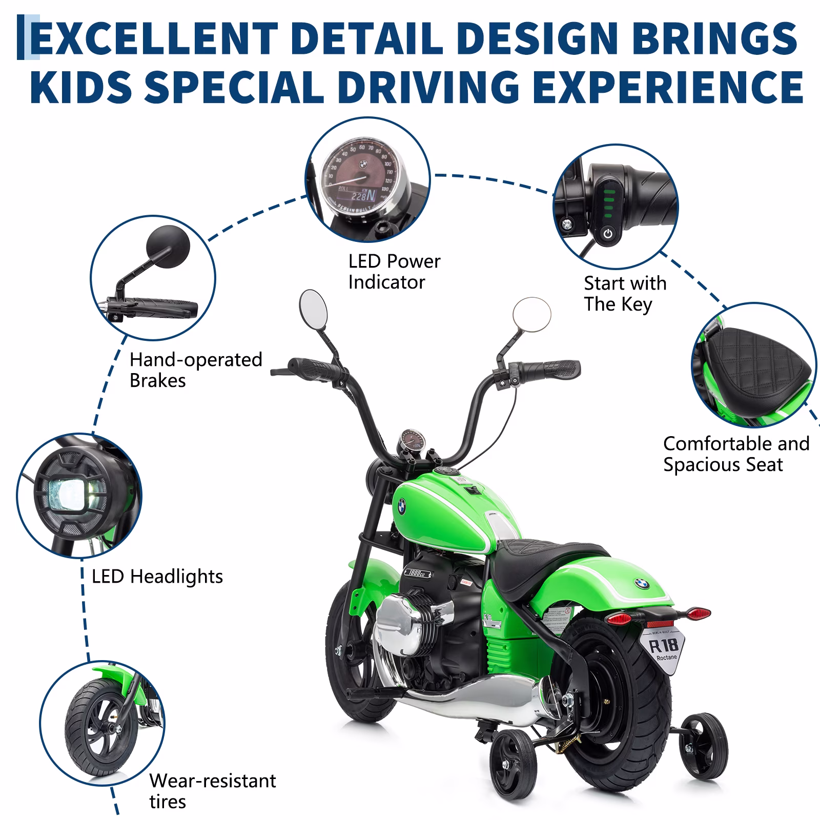 Renikay 24V Electric Ride-On Dirt Bike with 200W Brushless Motor, Training Wheels, RGB Lights, Music and Horn, Green - Image 2