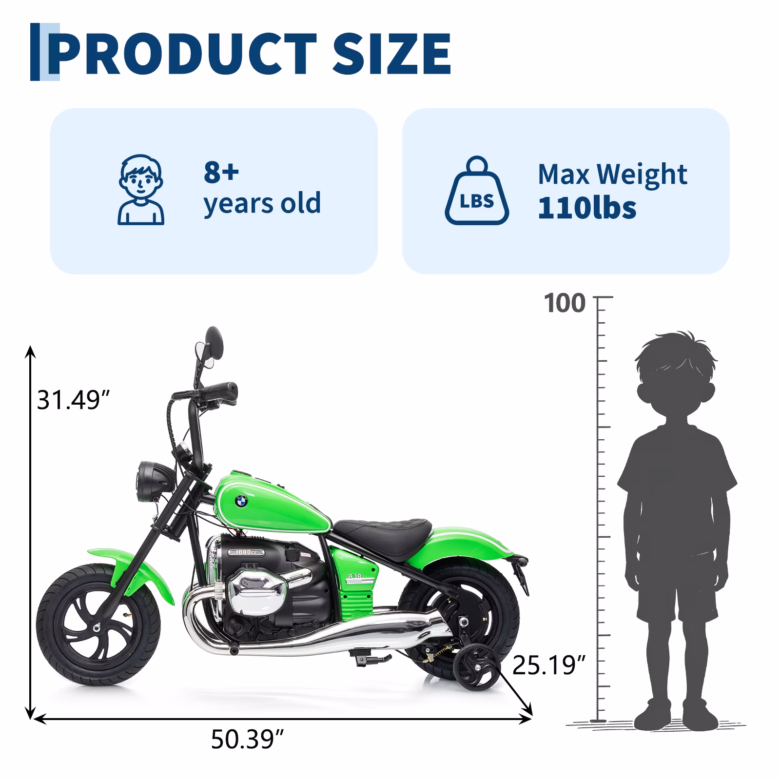 Renikay 24V Electric Ride-On Dirt Bike with 200W Brushless Motor, Training Wheels, RGB Lights, Music and Horn, Green - Image 5