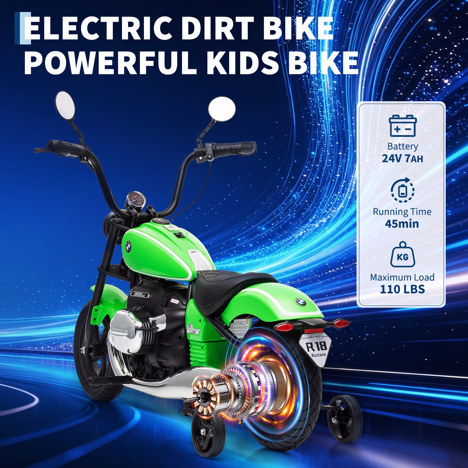 Renikay 24V Electric Ride-On Dirt Bike with 200W Brushless Motor, Training Wheels, RGB Lights, Music and Horn, Green - Image 4