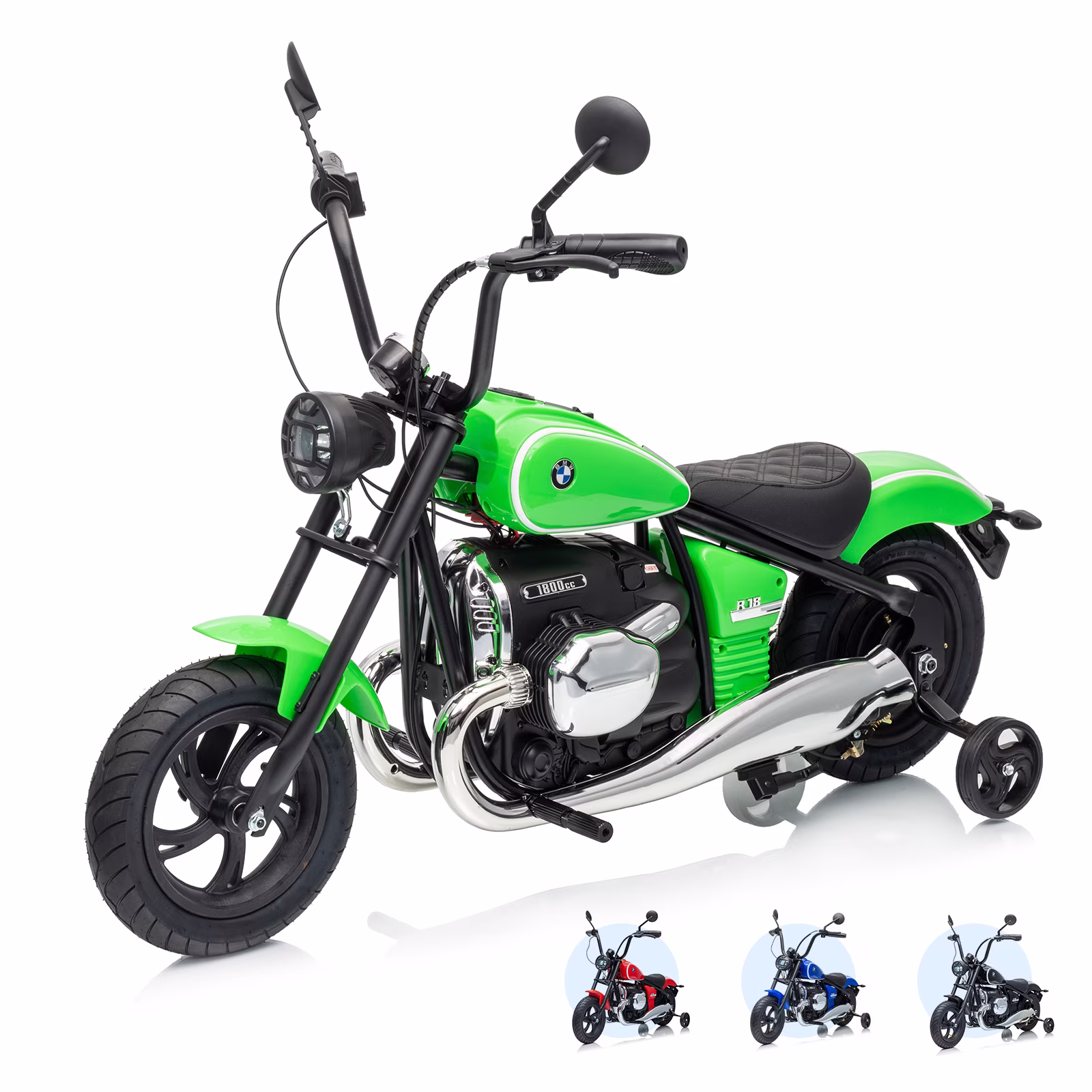 Renikay 24V Electric Ride-On Dirt Bike with 200W Brushless Motor, Training Wheels, RGB Lights, Music and Horn, Green