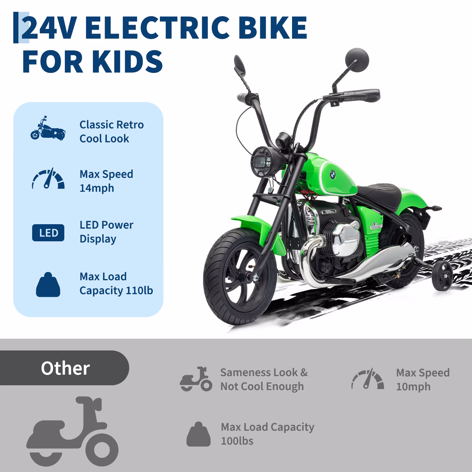 Renikay 24V Electric Ride-On Dirt Bike with 200W Brushless Motor, Training Wheels, RGB Lights, Music and Horn, Green - Image 3