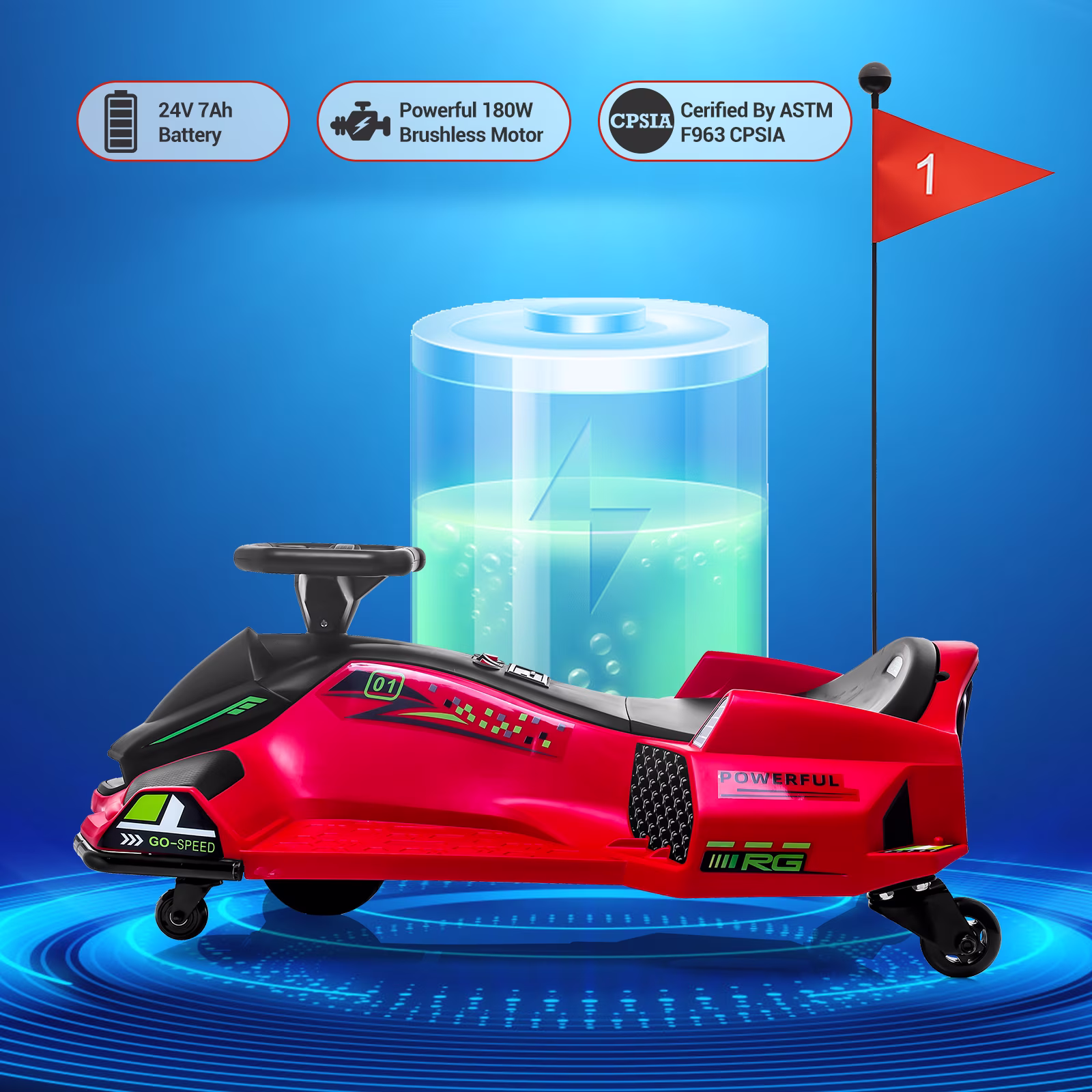Ride On Drift Kart, Go Kart, Electric Go Kart 24V Drift Kart - 180W Brushless Motor, 7.5 mph Variable Speed, LED Light, Soft Start Battery Powered for Kids 8 - Image 4