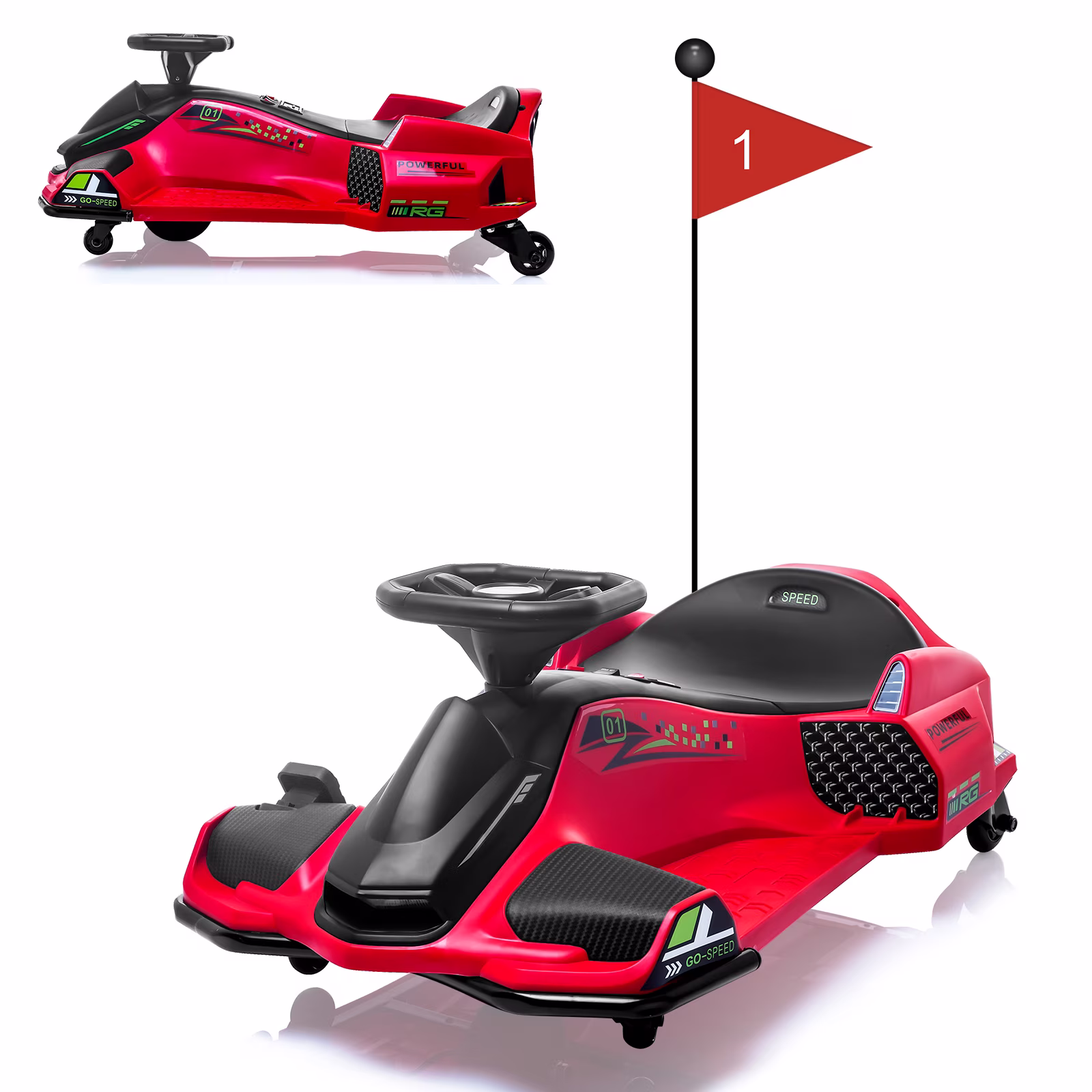 Ride On Drift Kart, Go Kart, Electric Go Kart 24V Drift Kart - 180W Brushless Motor, 7.5 mph Variable Speed, LED Light, Soft Start Battery Powered for Kids 8