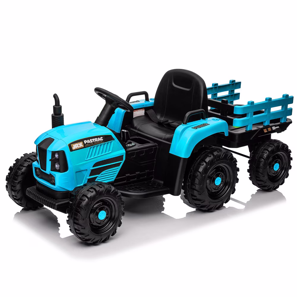 Ride on Tractor, 24V 400W Electric Toy with Detachable Trailer, Remote Control, LED Lights and Music