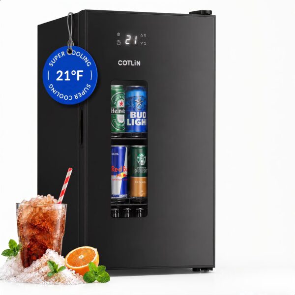 RIOXC 95 Can Beverage Refrigerator 21°F Ultra-Cold Fridge with Glass Door for Home, 17.8 in D, 29.1 in H, Black