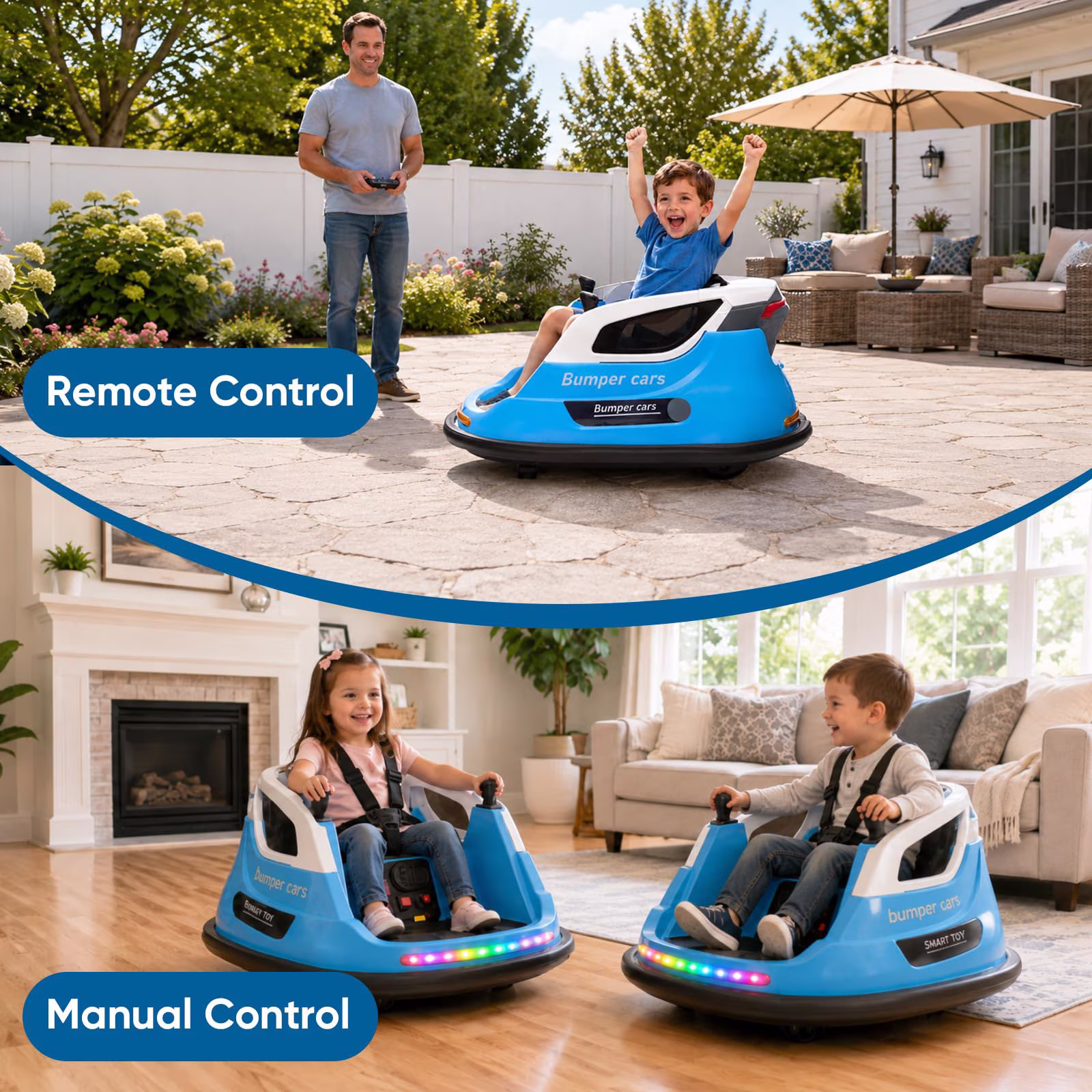 RJV 12V Electric Bumper Car for Kids 360 Spin Ride on Toy with Remote Control LED Lights Blue - Image 5