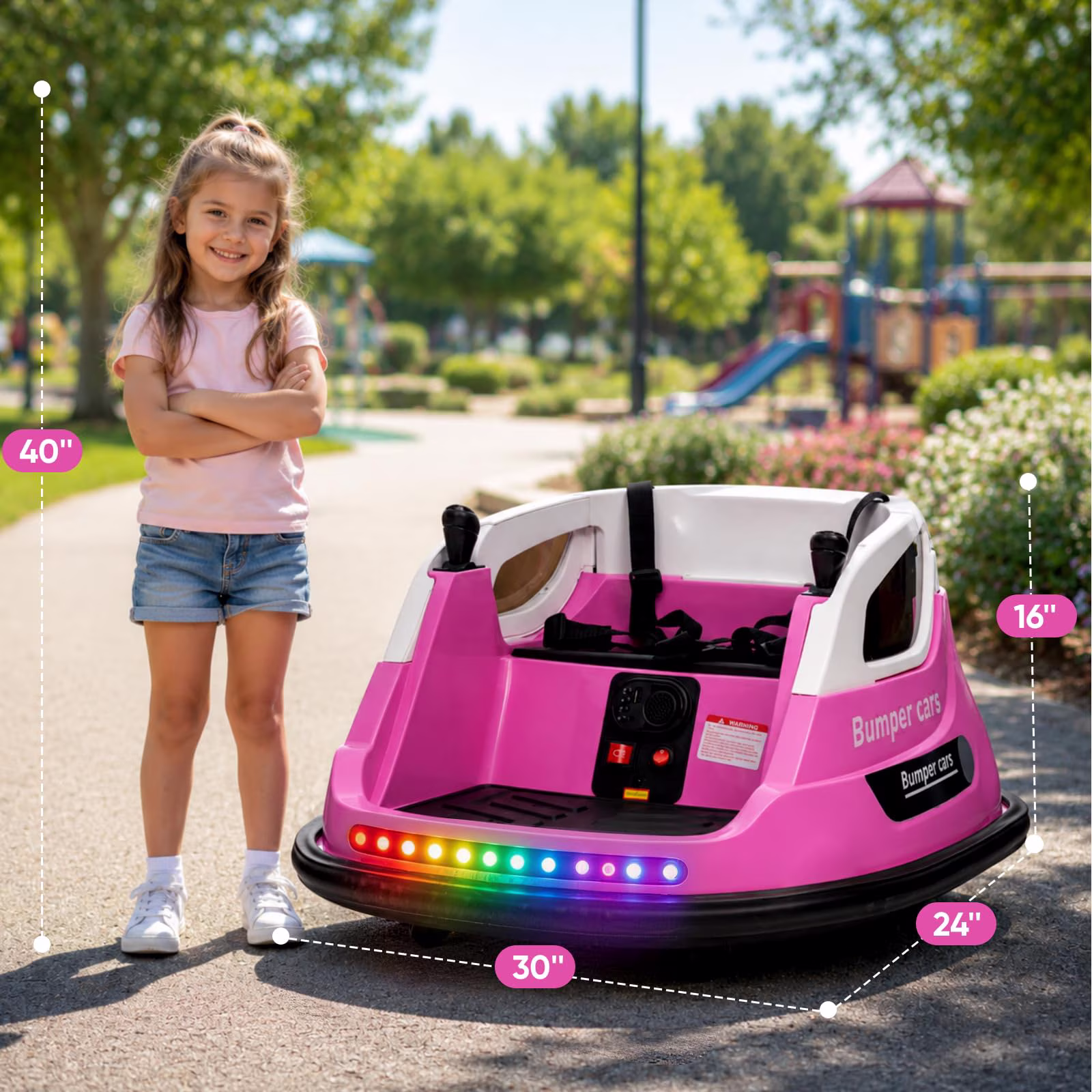 RJV Kids Electric Bumper Car, 12V Ride-On Toy with 360 Spin, Remote Control, 2 Speeds, Dual Motors, LED Light Strip, Music and Storage, Pink - Image 2