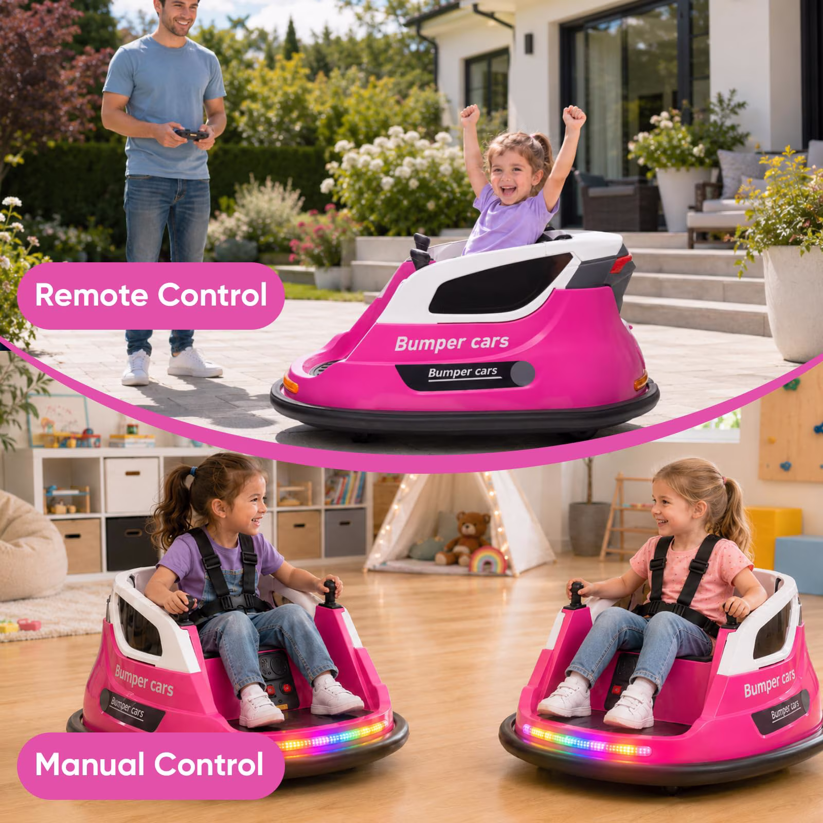 RJV Kids Electric Bumper Car, 12V Ride-On Toy with 360 Spin, Remote Control, 2 Speeds, Dual Motors, LED Light Strip, Music and Storage, Pink - Image 5