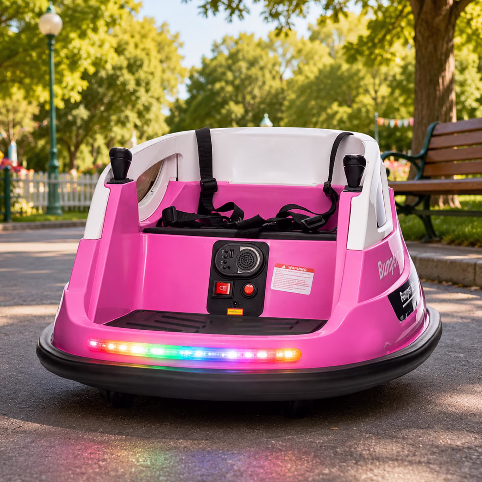 RJV Kids Electric Bumper Car, 12V Ride-On Toy with 360 Spin, Remote Control, 2 Speeds, Dual Motors, LED Light Strip, Music and Storage, Pink - Image 3