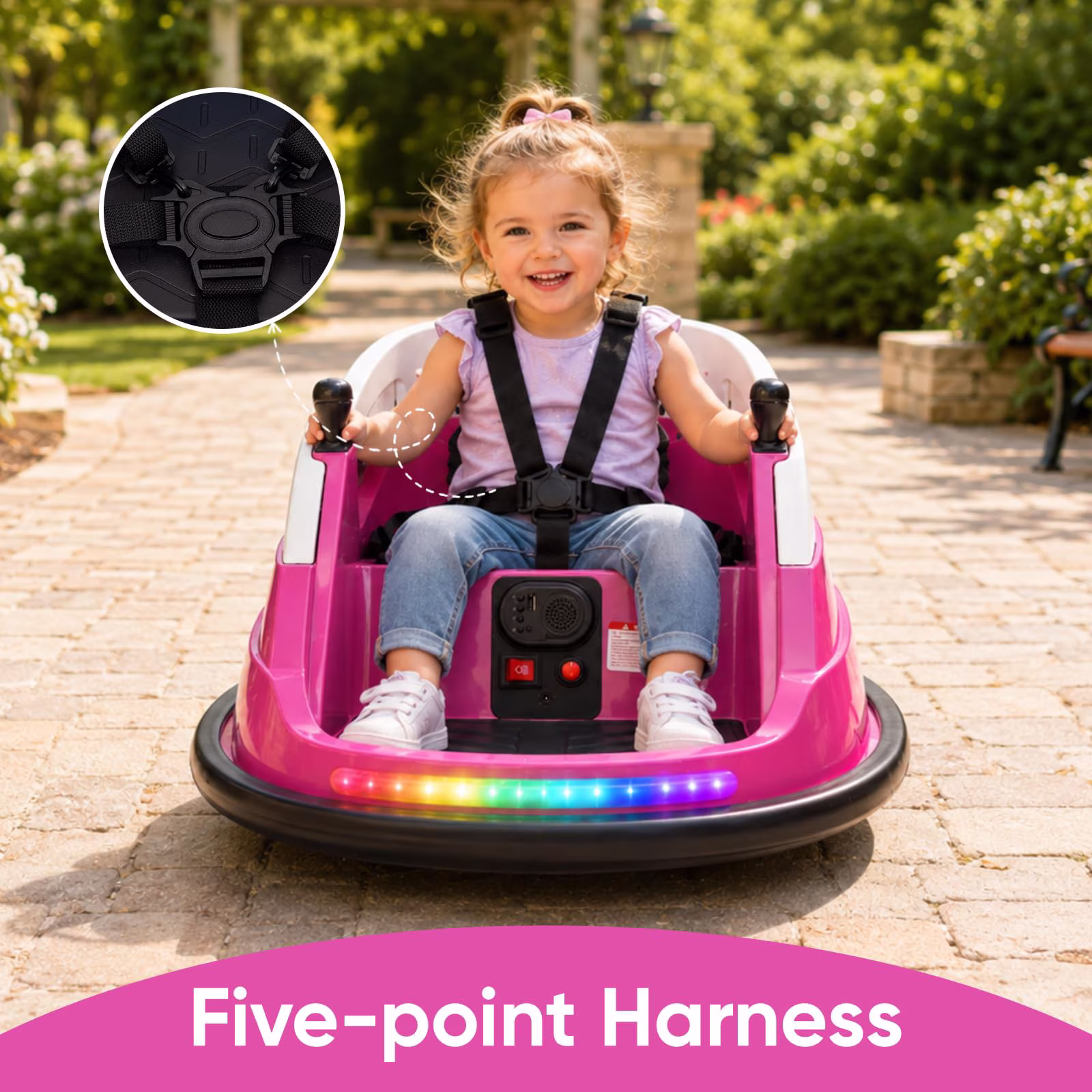 RJV Kids Electric Bumper Car, 12V Ride-On Toy with 360 Spin, Remote Control, 2 Speeds, Dual Motors, LED Light Strip, Music and Storage, Pink - Image 4