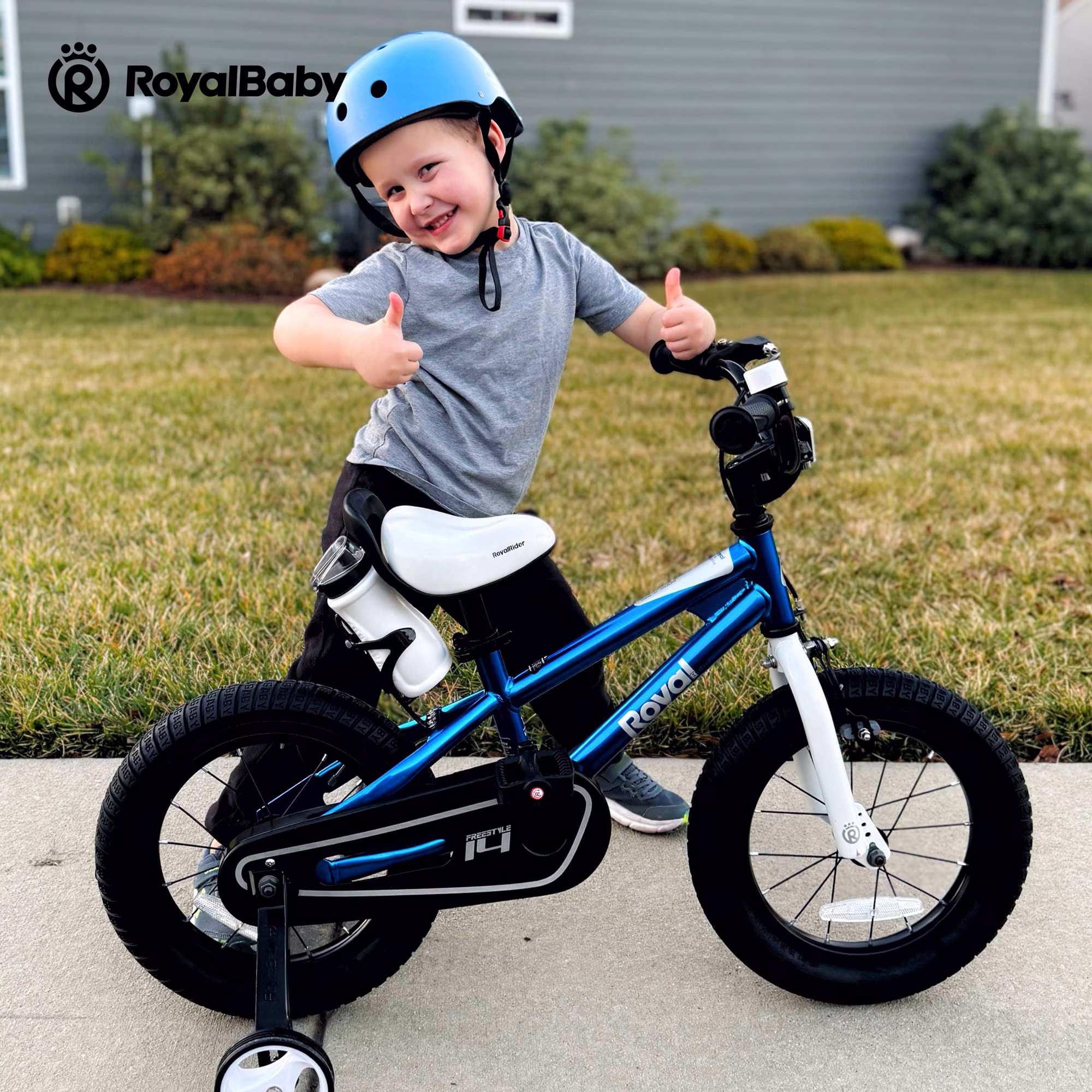 Royalbaby Boys Girls Kids Bike 14 In BMX Freestyle Blue 2 Hand Brakes Bicycles with Training Wheels Child Bicycle - Image 2