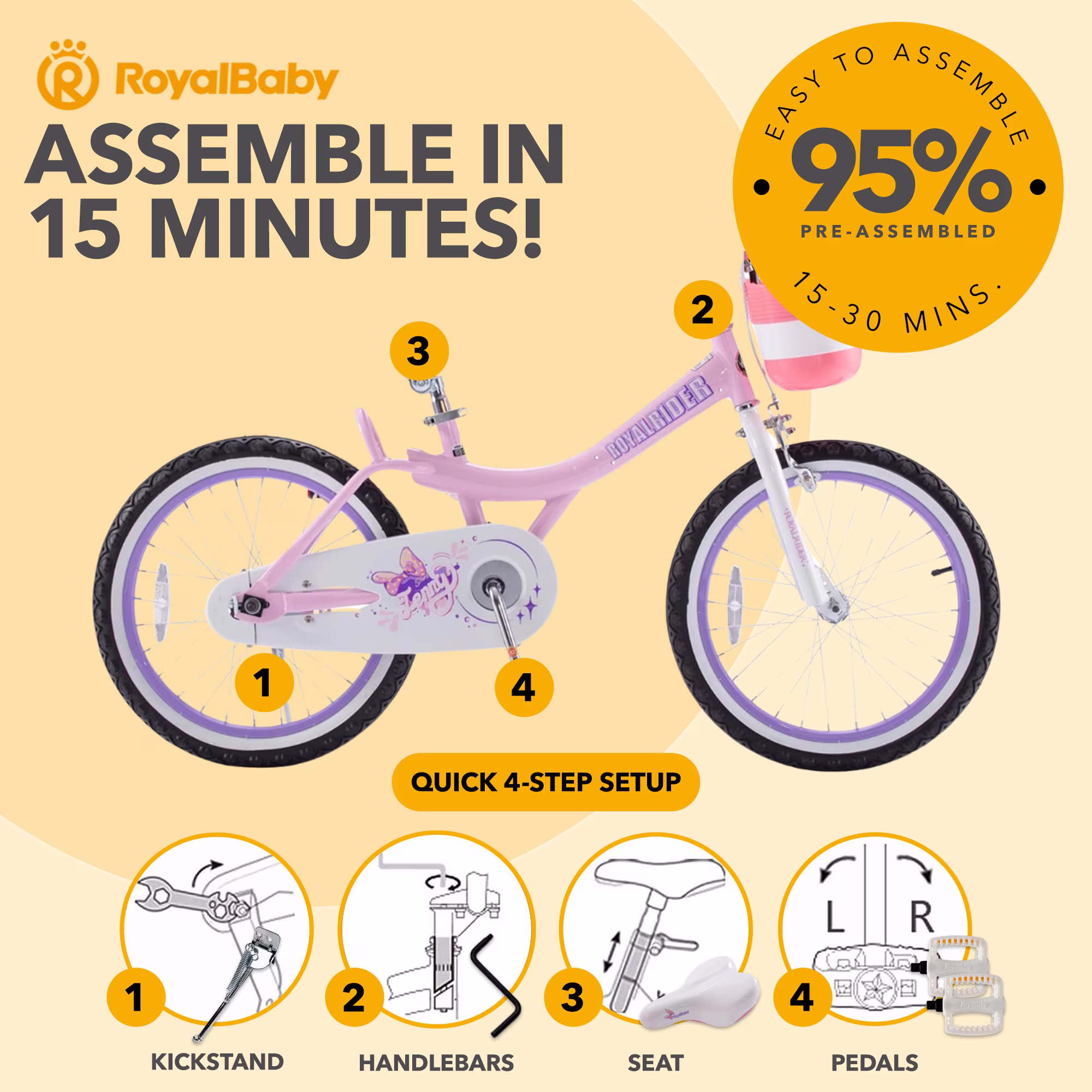 RoyalBaby Princess Girl Kids Bicycle, 20 in with Kickstand, Jenny Light Pink - Image 4