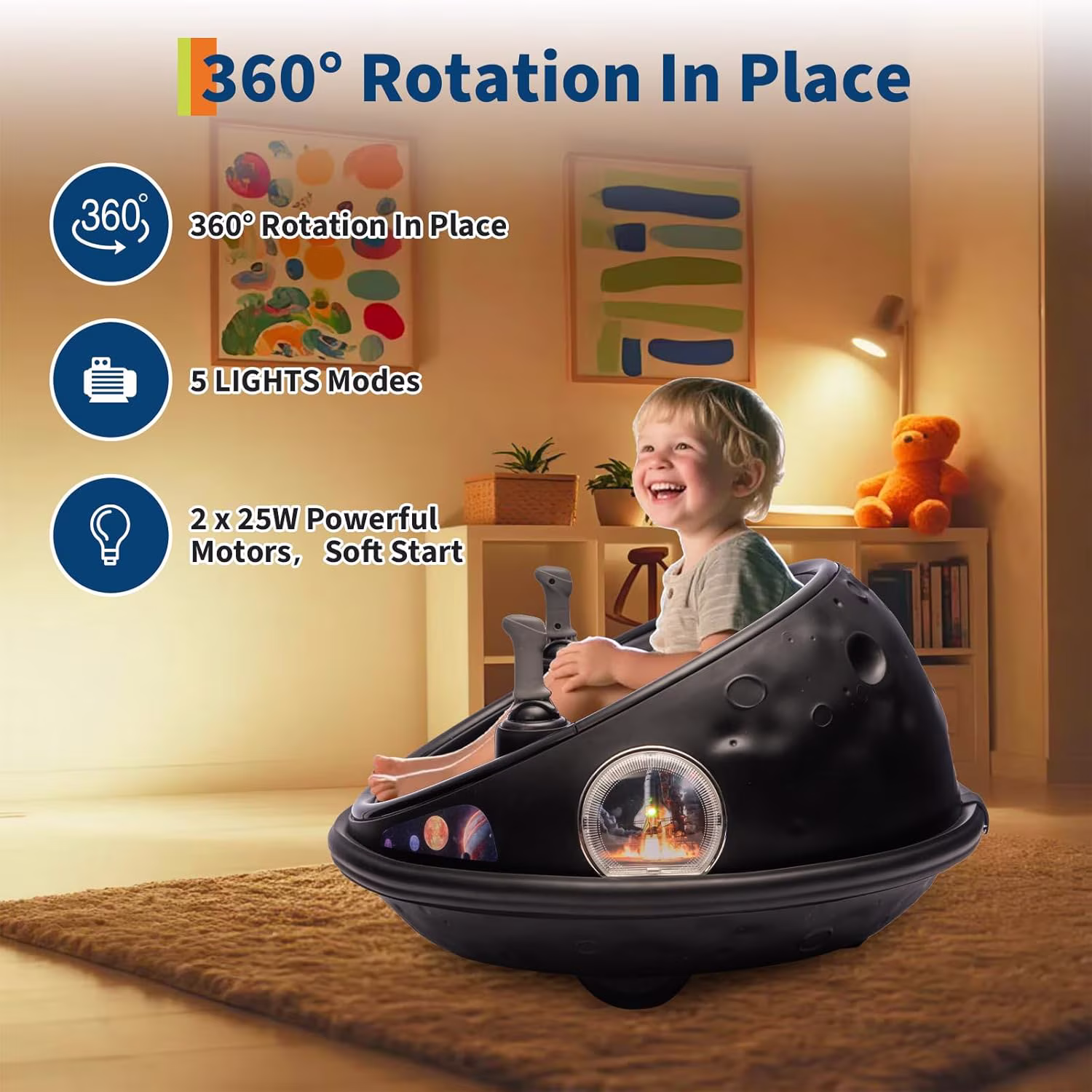 Rugerasy 12V Electric Bumper Car with 360° Spin,LED Lights,Music,Remote Control & Safe Soft Bumper,Indoor Outdoor Ride On Toys,Black - Image 4