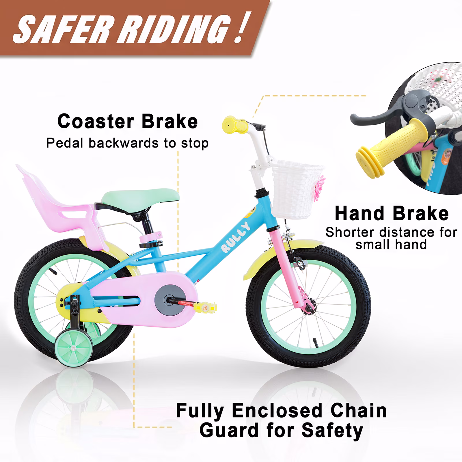 RULLY 14 inch Girls Bike for Ages 3-5, Kids Bicycle with Training Wheels, Doll Seat & Coaster Brake, Rainbow Macaron Bike - Image 2