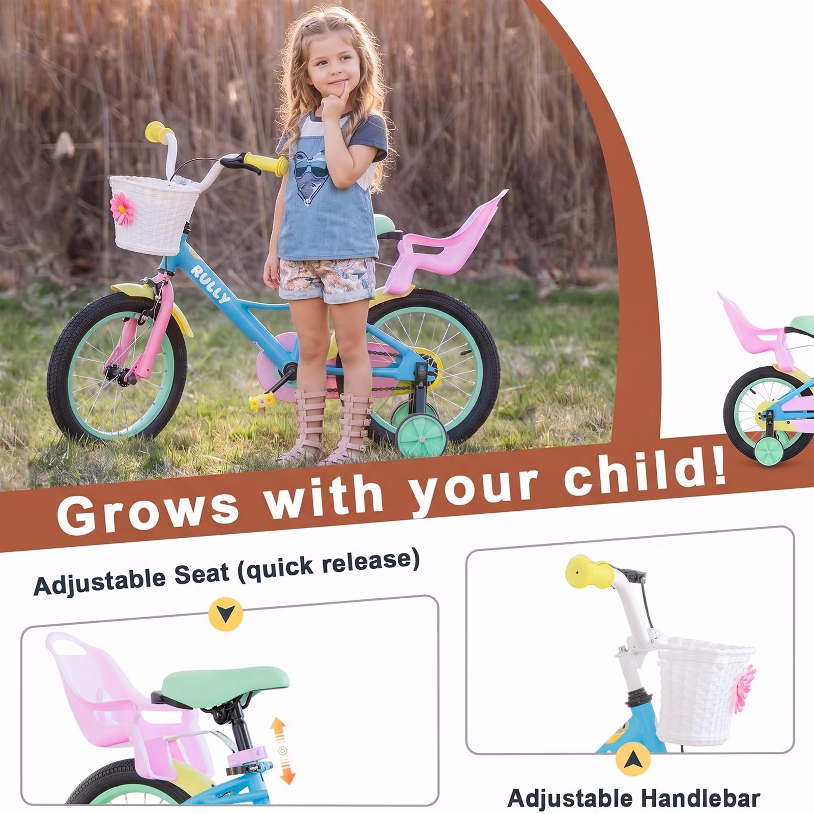 RULLY 14 inch Girls Bike for Ages 3-5, Kids Bicycle with Training Wheels, Doll Seat & Coaster Brake, Rainbow Macaron Bike - Image 4