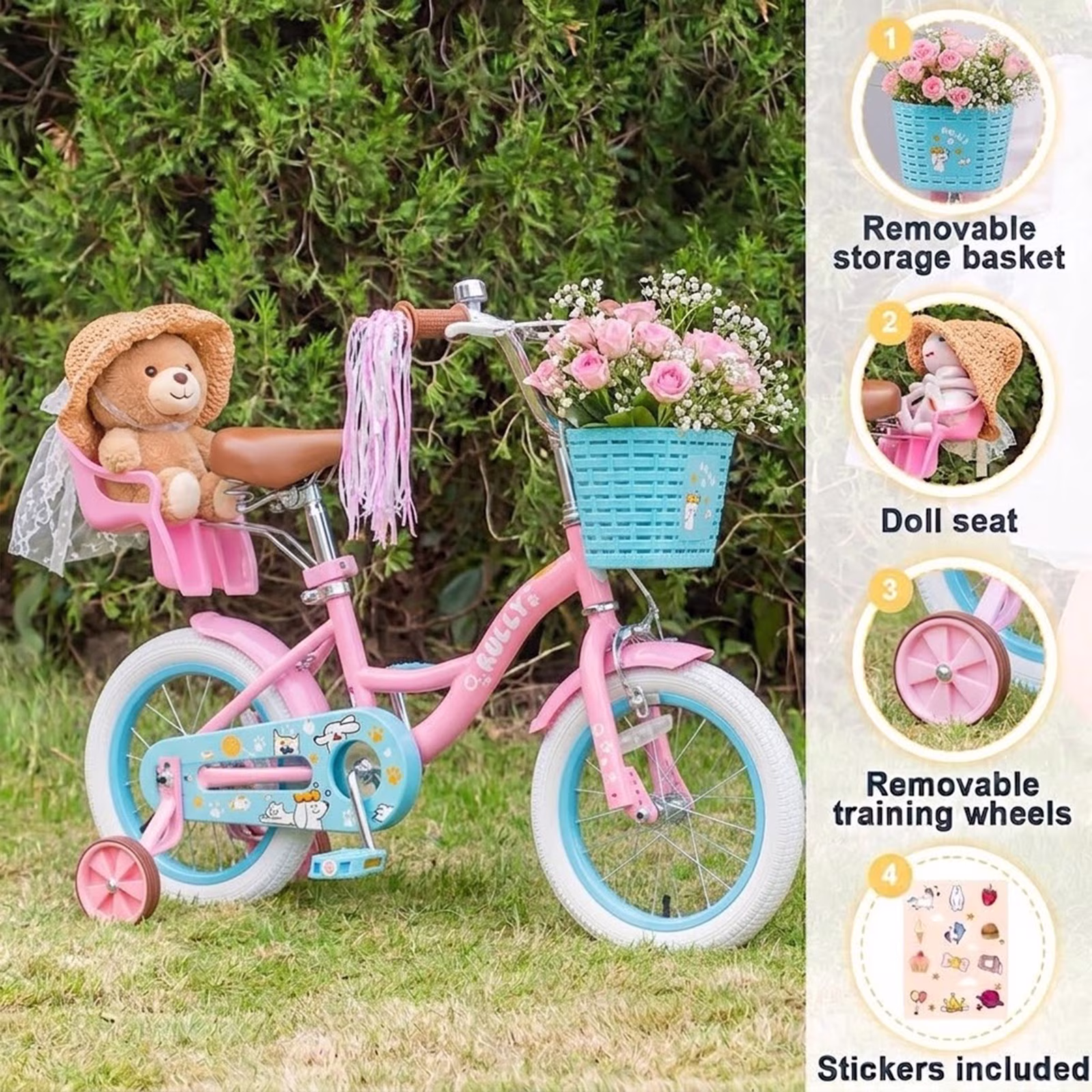 Rully 14 inch Girls Bike with Basket, Doll Seat and Training Wheels, Pink Kids Bicycle for Ages 3 - Image 3