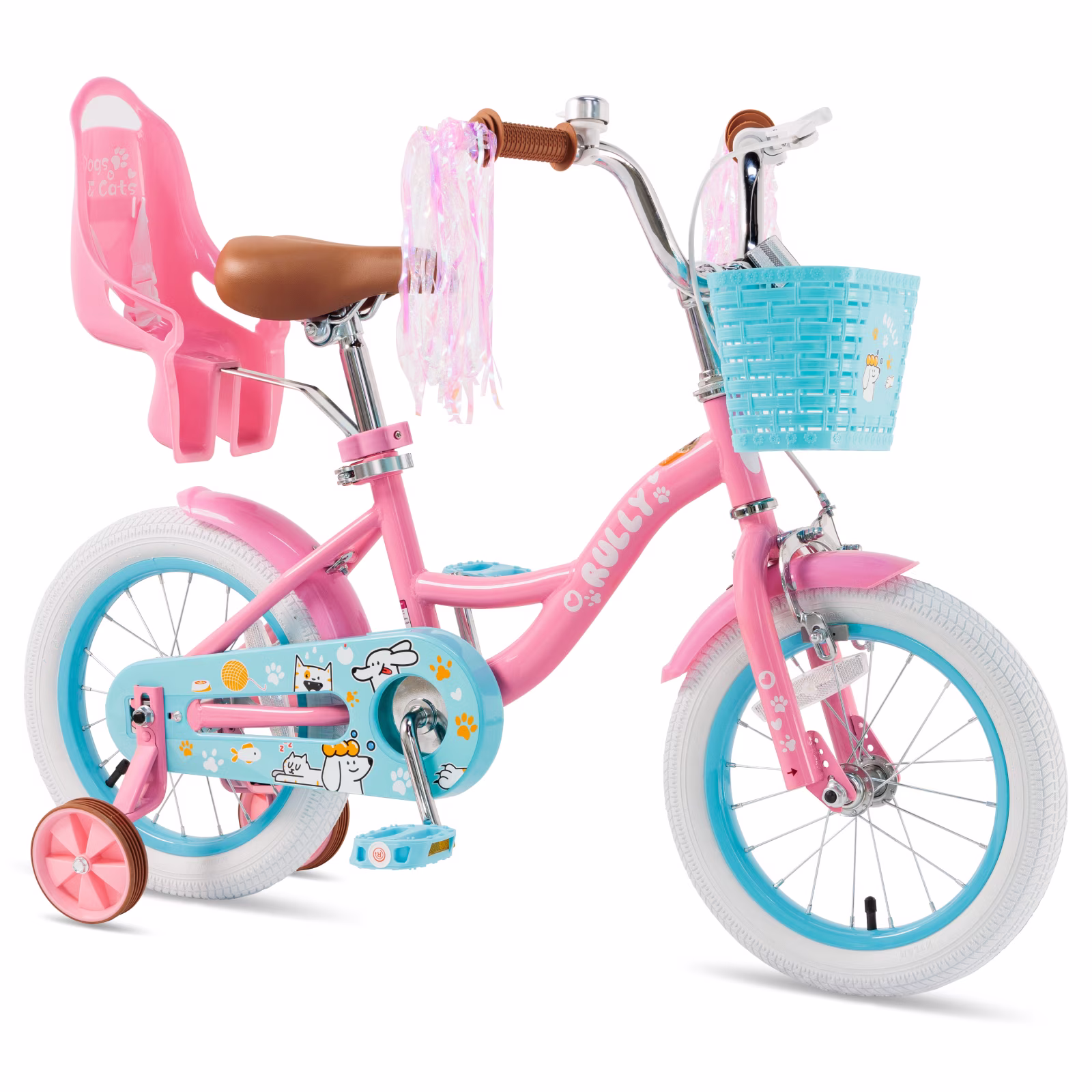 Rully 14 inch Girls Bike with Basket, Doll Seat and Training Wheels, Pink Kids Bicycle for Ages 3