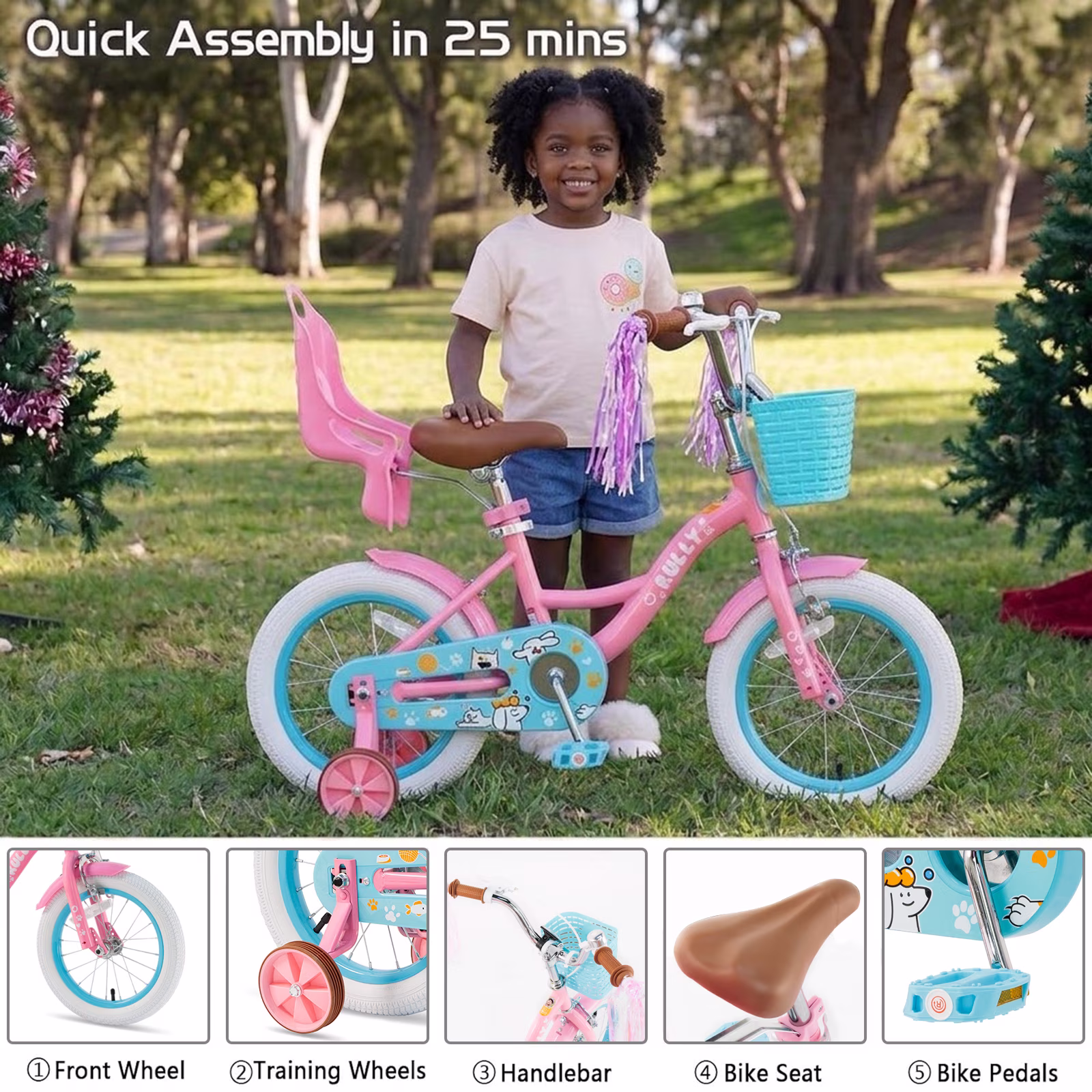 Rully 14 inch Girls Bike with Basket, Doll Seat and Training Wheels, Pink Kids Bicycle for Ages 3 - Image 5