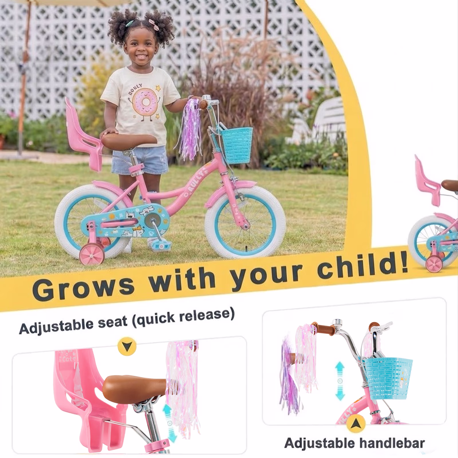 Rully 14 inch Girls Bike with Basket, Doll Seat and Training Wheels, Pink Kids Bicycle for Ages 3 - Image 4